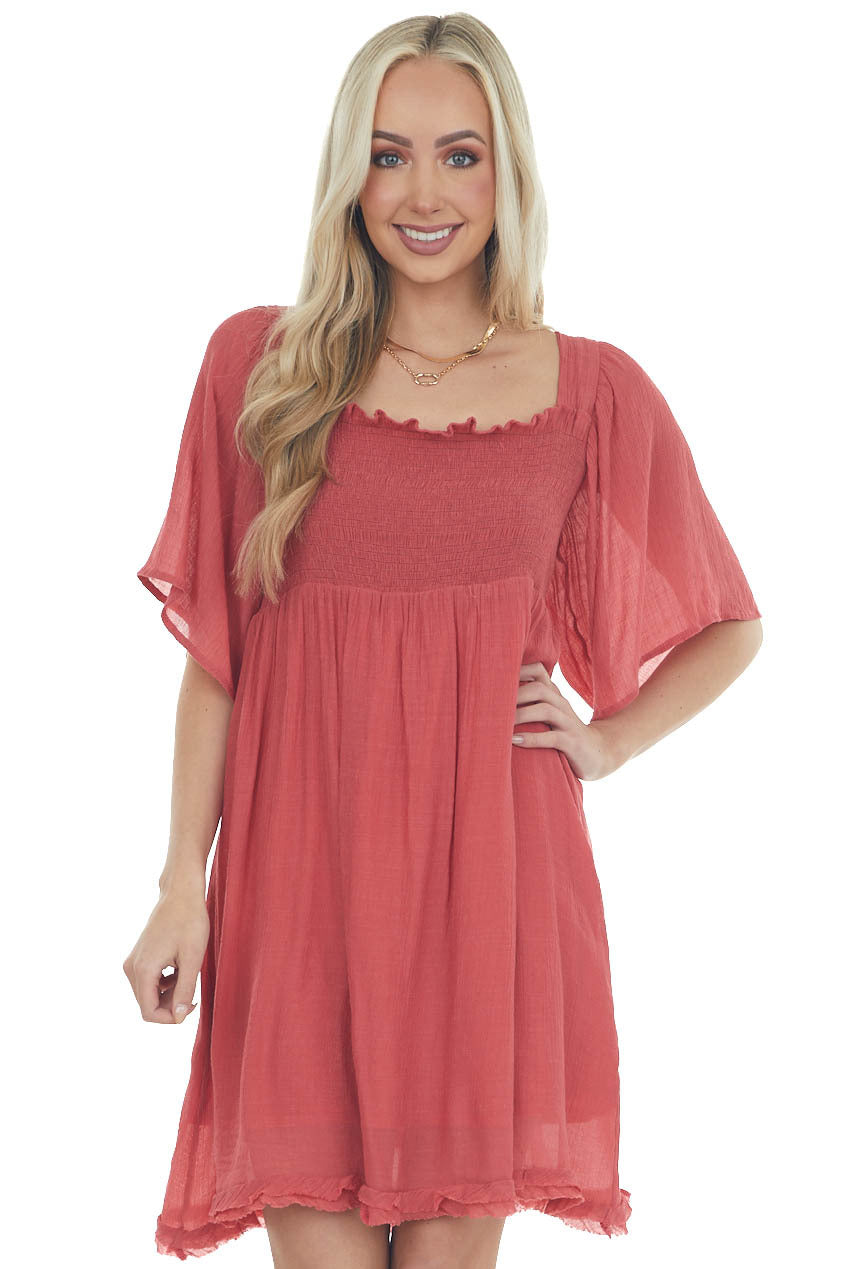 Hibiscus Smocked Babydoll Short Dress with Flutter Sleeves