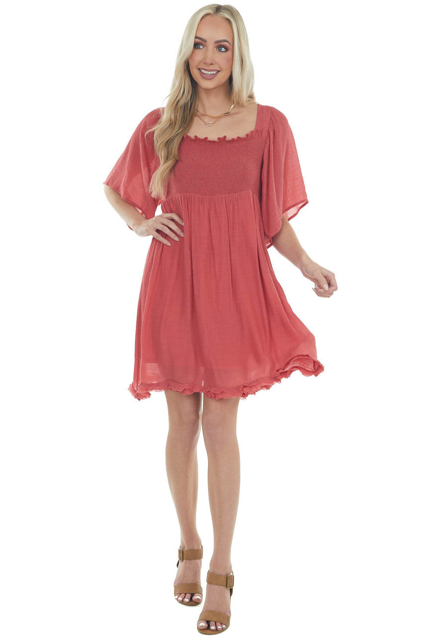 Hibiscus Smocked Babydoll Short Dress with Flutter Sleeves