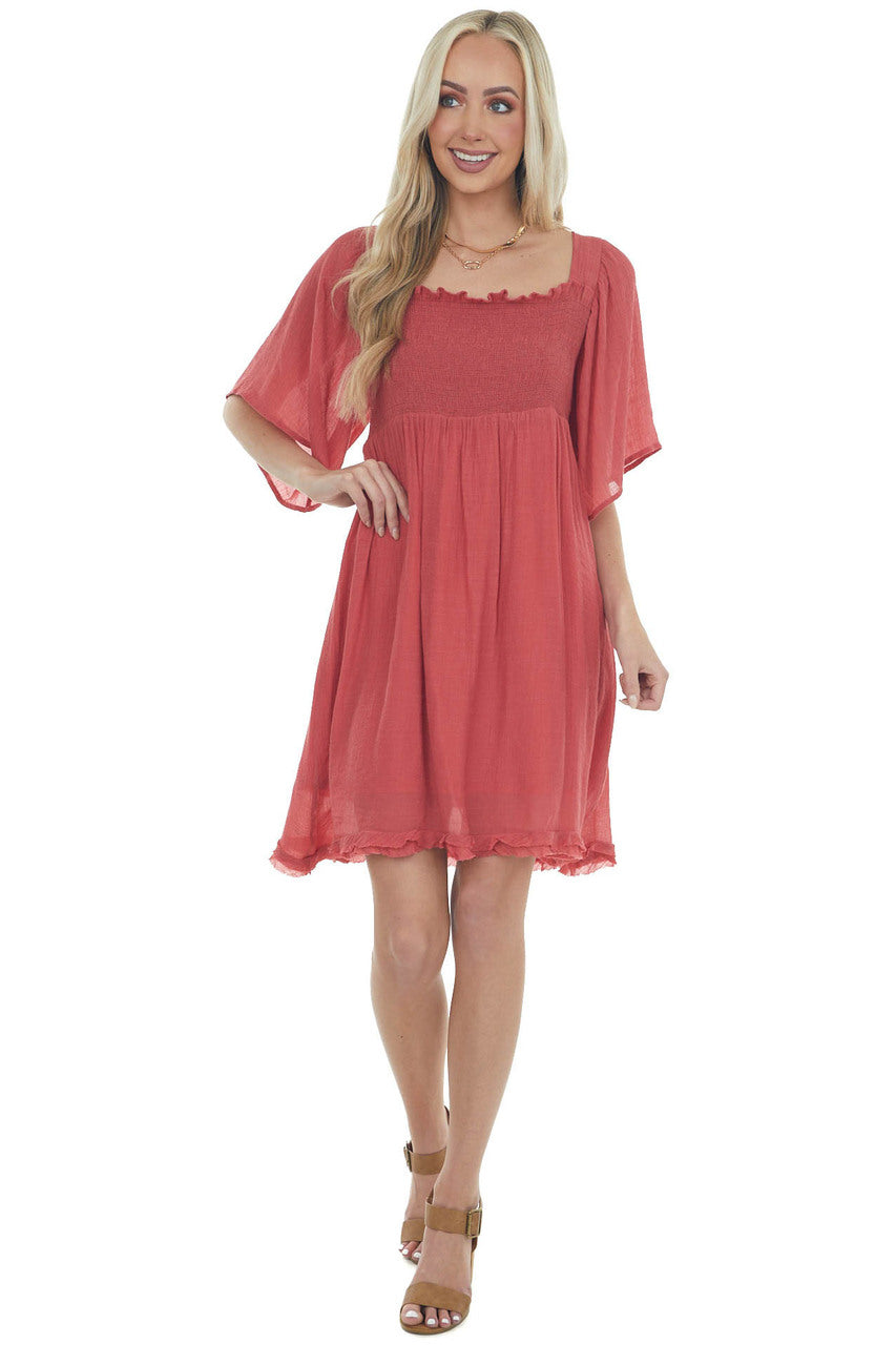 Hibiscus Smocked Babydoll Short Dress with Flutter Sleeves