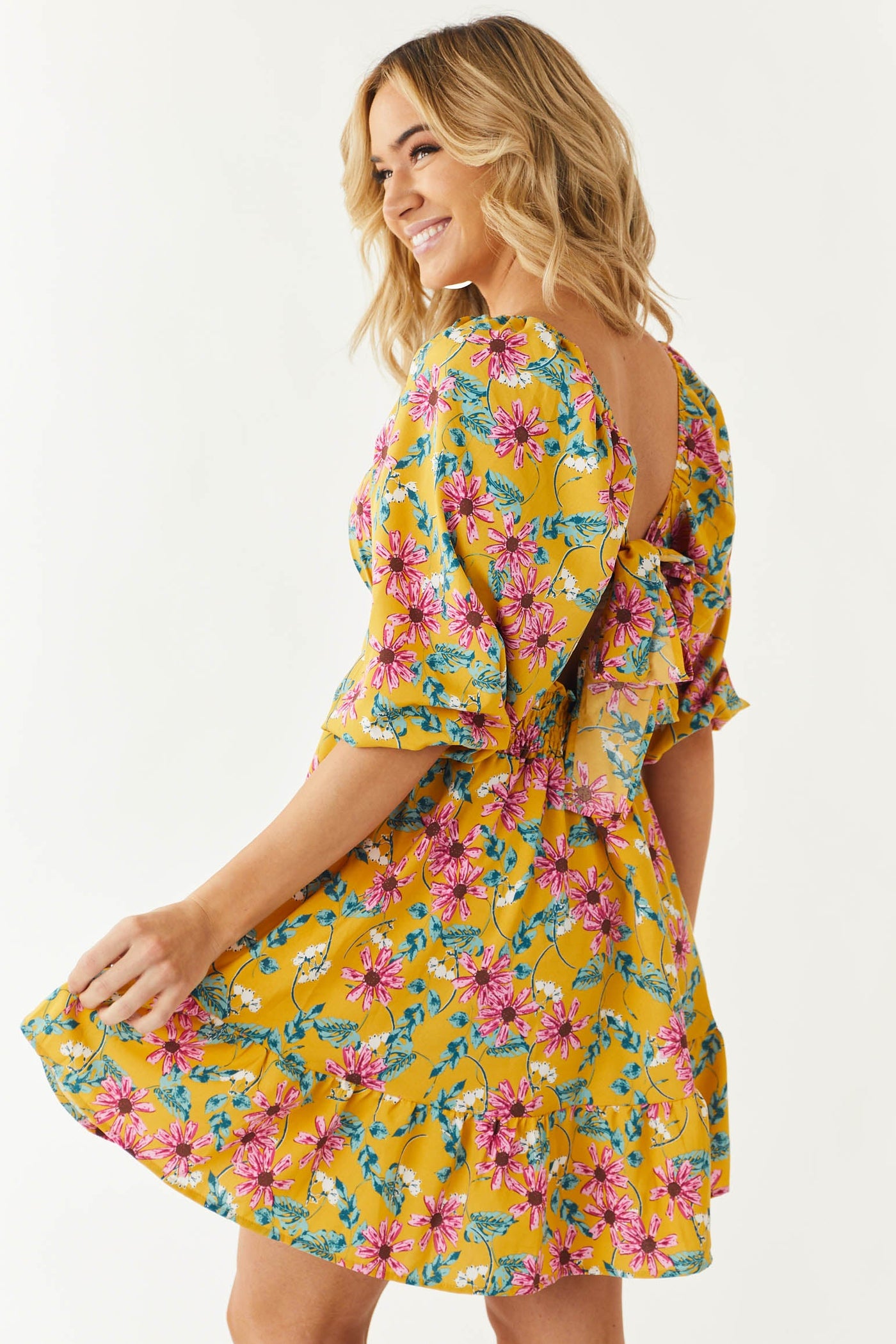 Honey Floral Print Square Neck Mini Dress