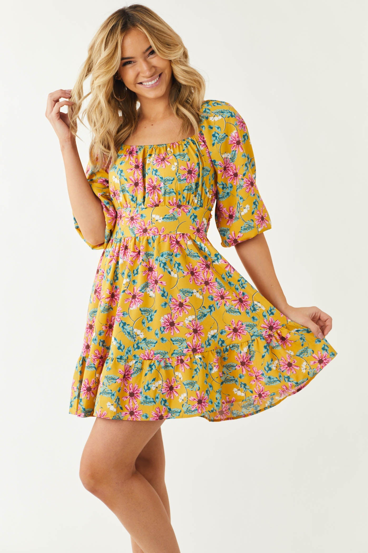 Honey Floral Print Square Neck Mini Dress