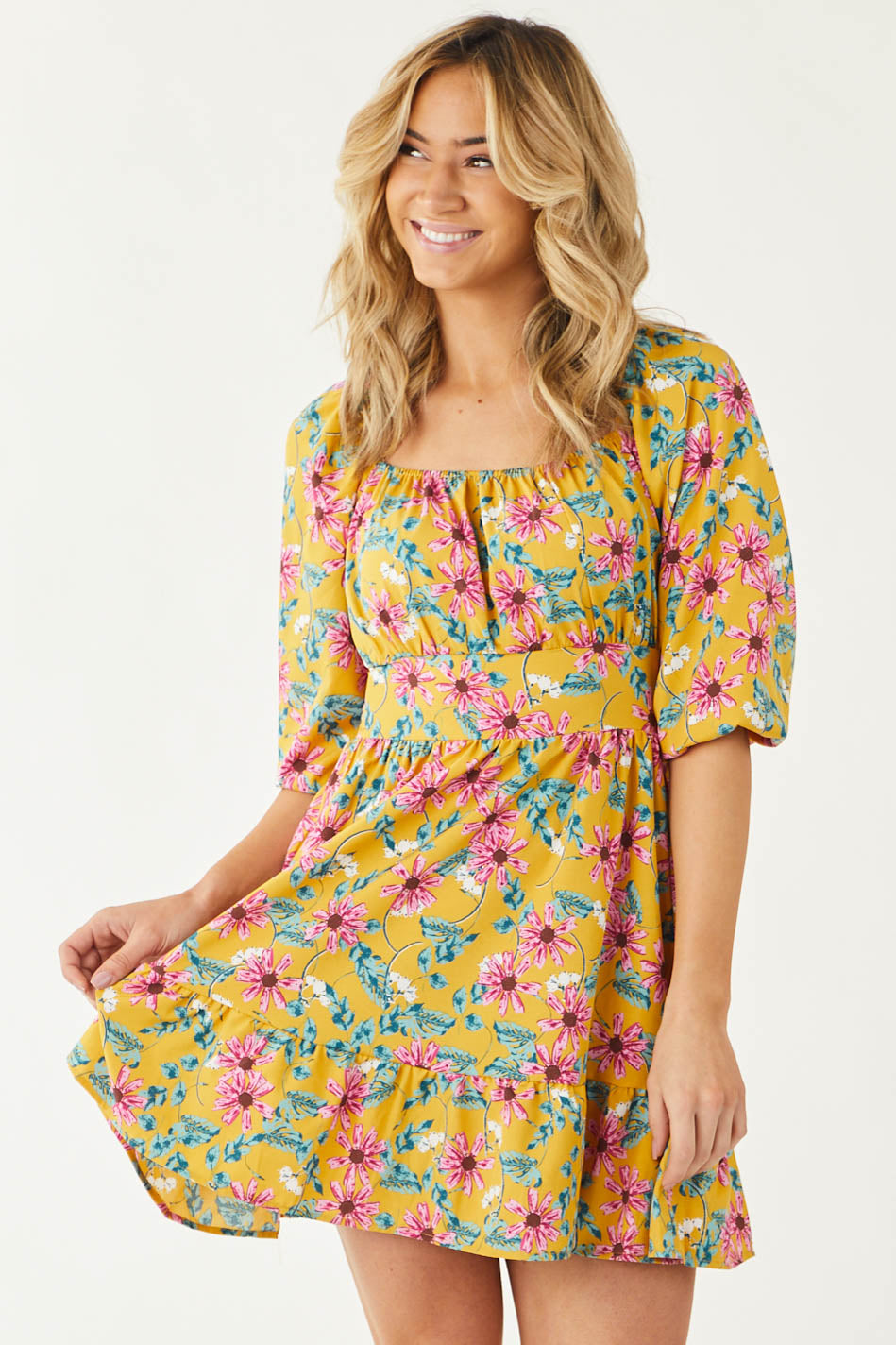 Honey Floral Print Square Neck Mini Dress