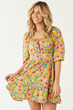 Honey Floral Print Square Neck Mini Dress