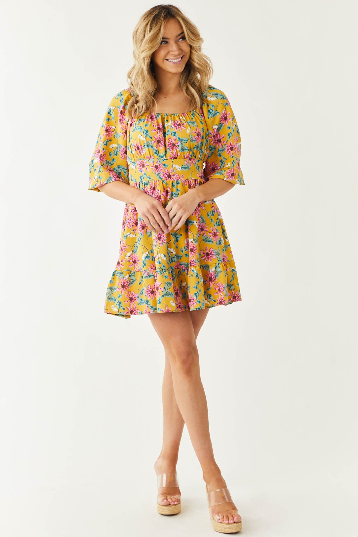 Honey Floral Print Square Neck Mini Dress