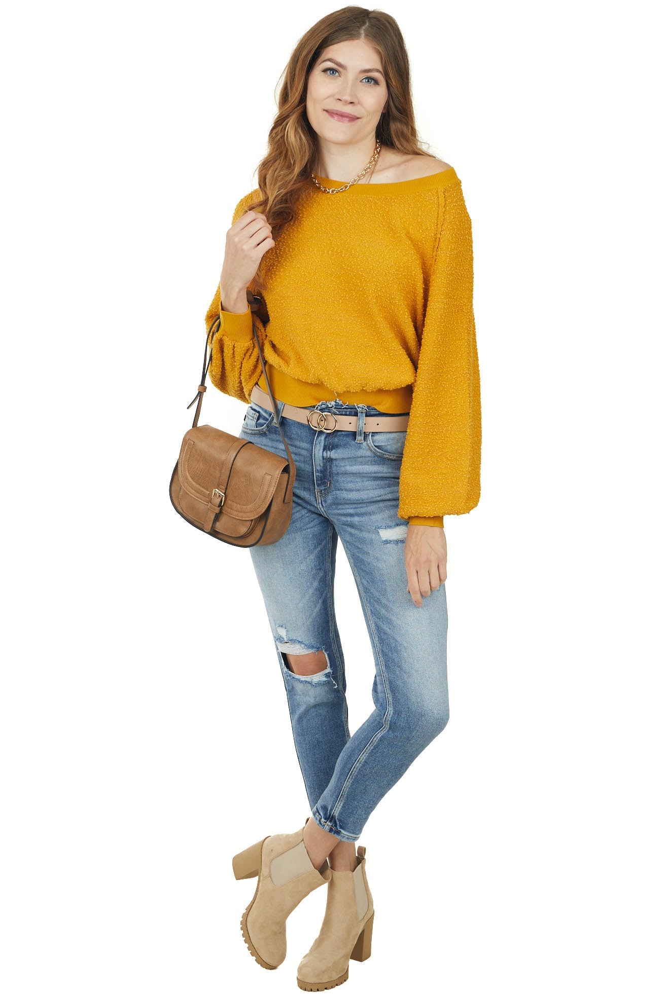 Honey Long Bubble Sleeve Popcorn Knit Sweater