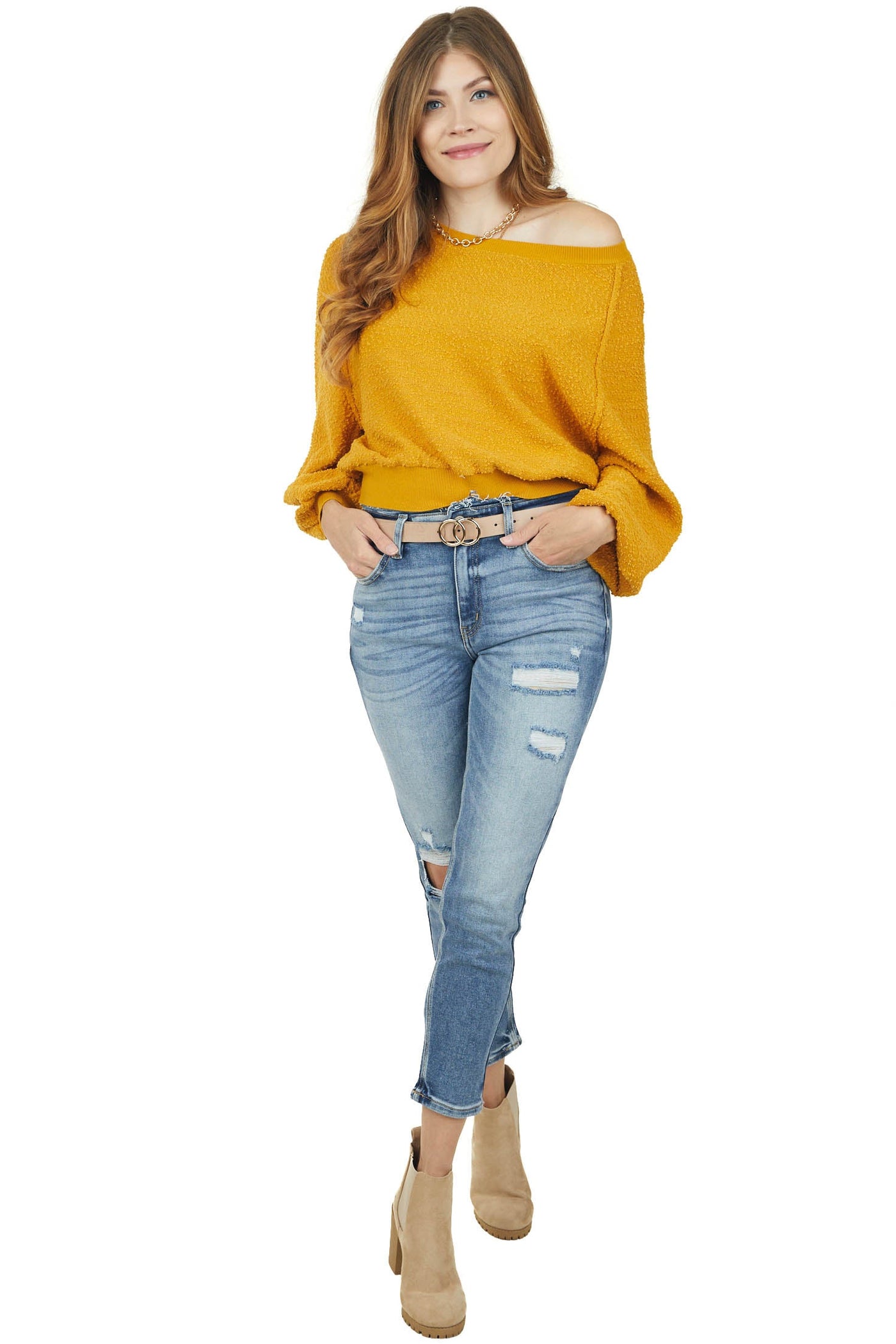 Honey Long Bubble Sleeve Popcorn Knit Sweater