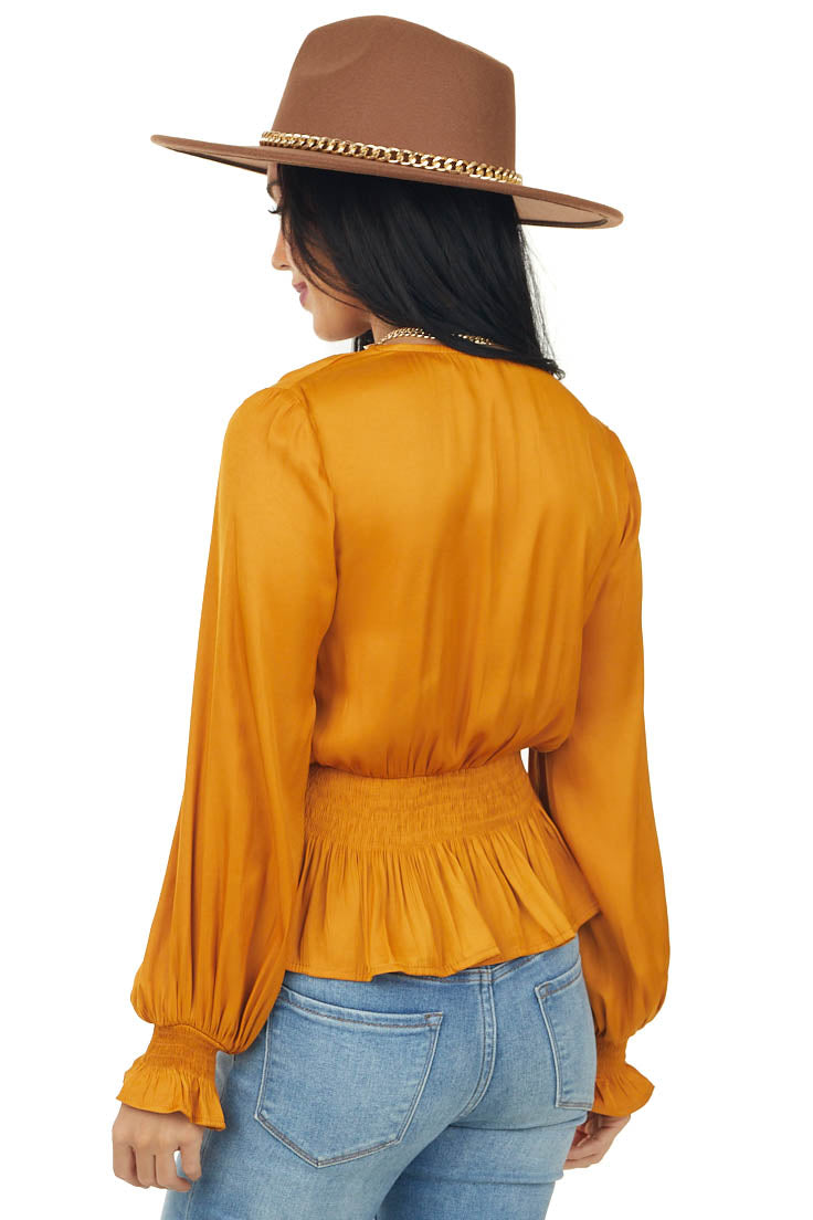Honey Plunging Surplice Satin Peplum Blouse
