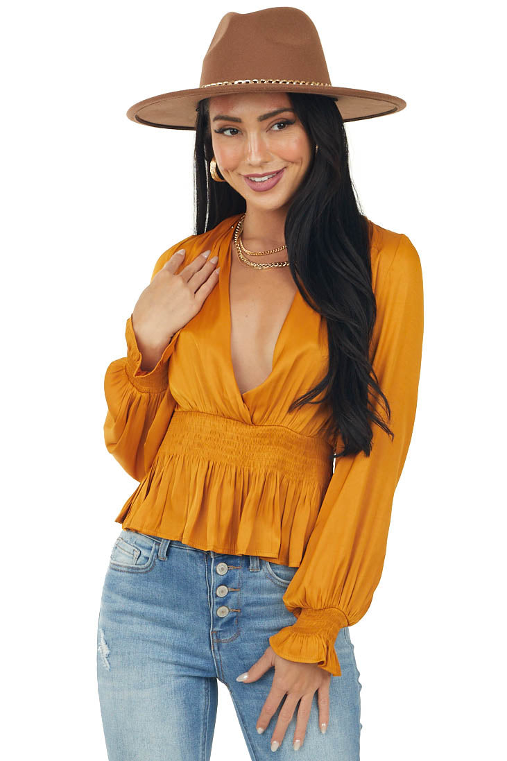 Honey Plunging Surplice Satin Peplum Blouse