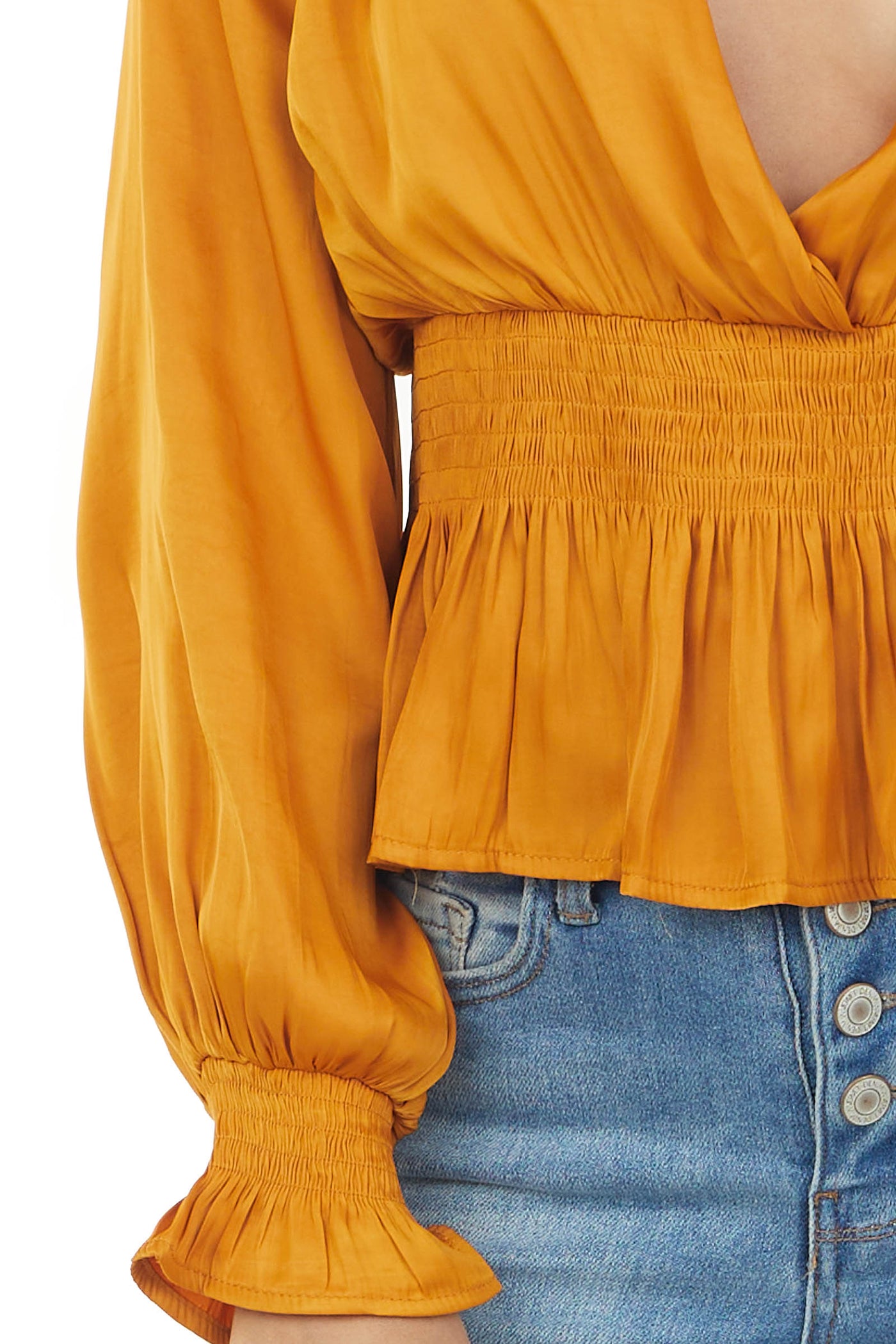 Honey Plunging Surplice Satin Peplum Blouse