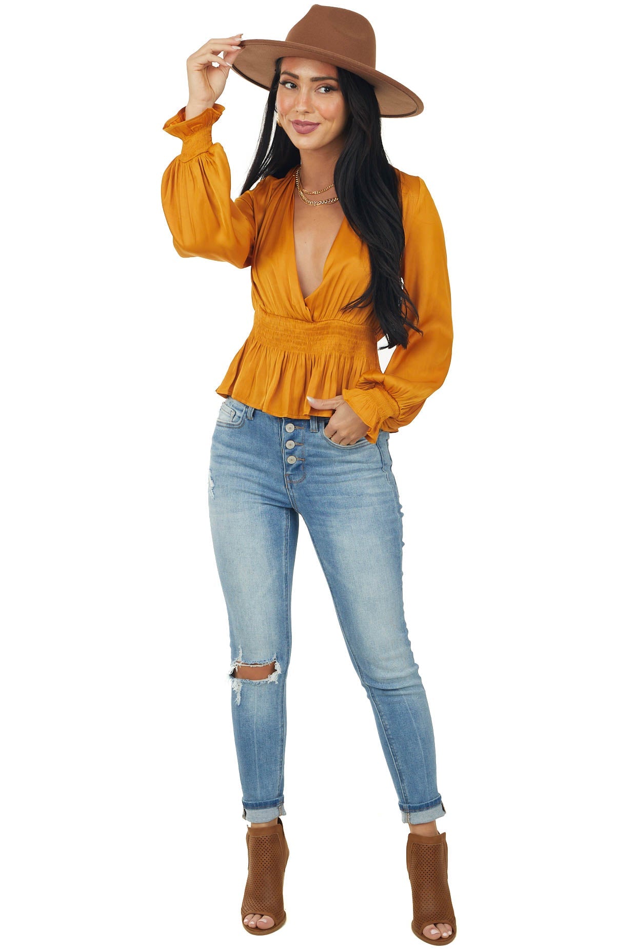 Honey Plunging Surplice Satin Peplum Blouse