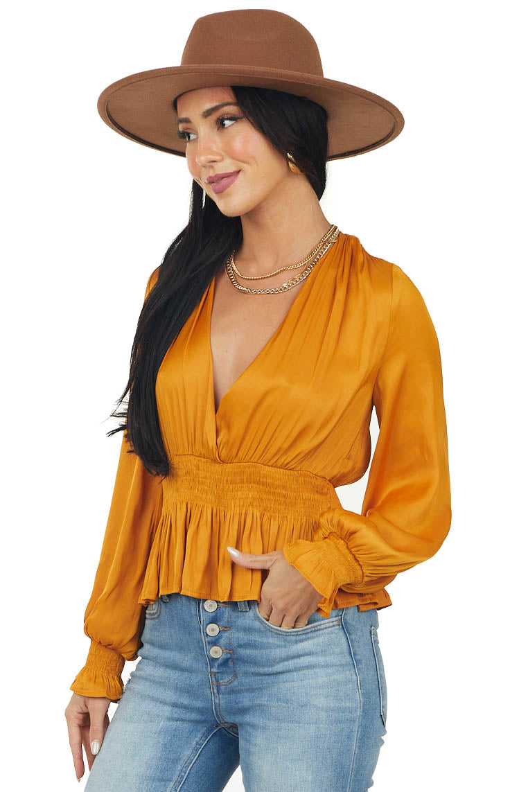 Honey Plunging Surplice Satin Peplum Blouse