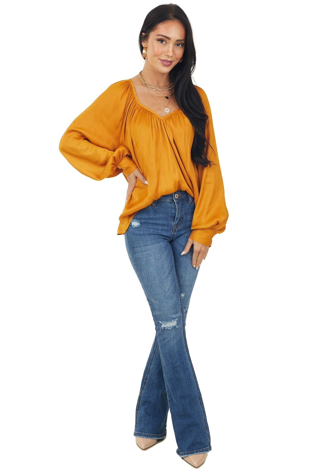 Honey Satin Loose Fit Banded Cuff Blouse