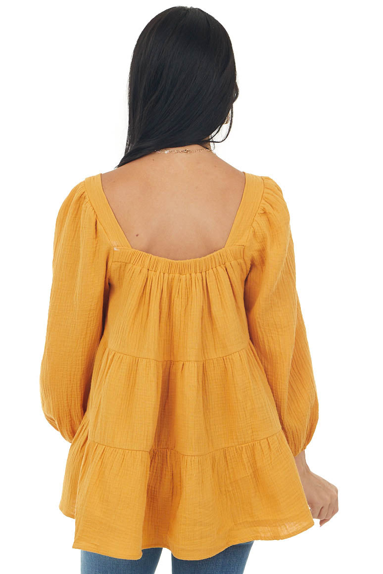 Honey Square Neck Tiered Gauze Blouse