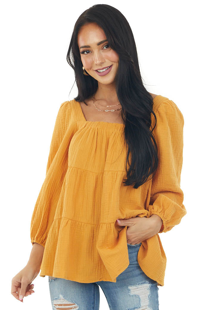 Honey Square Neck Tiered Gauze Blouse