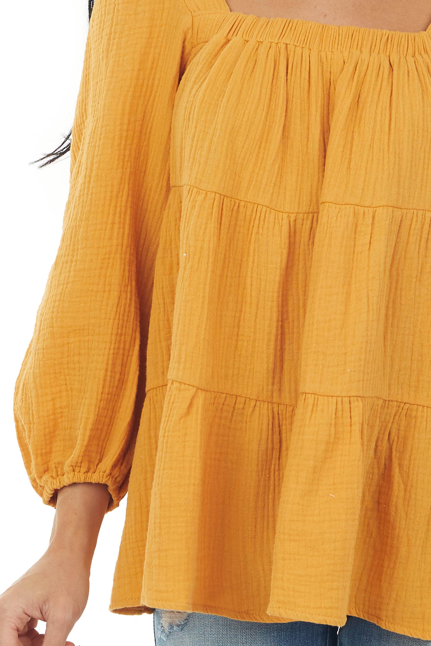 Honey Square Neck Tiered Gauze Blouse