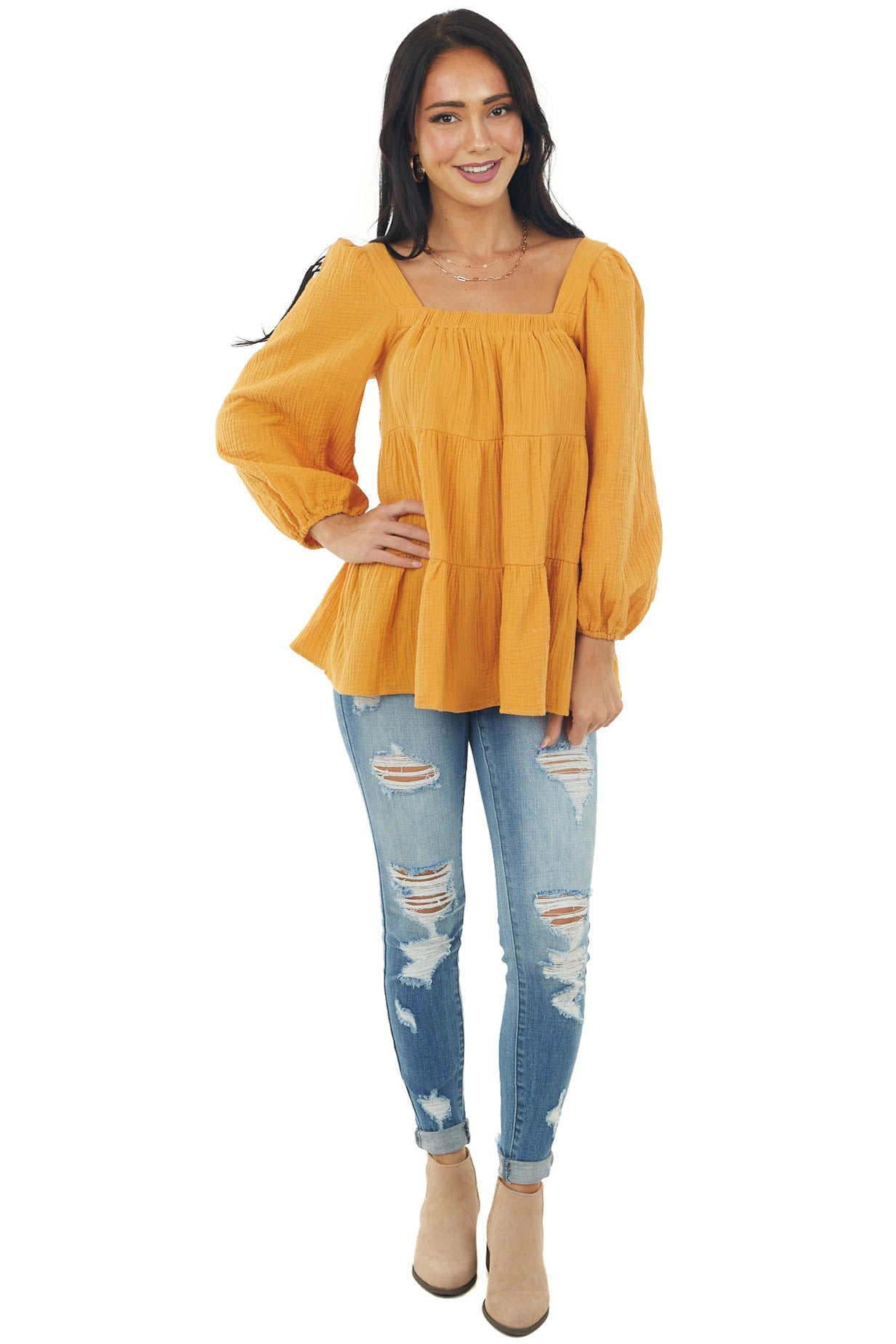 Honey Square Neck Tiered Gauze Blouse