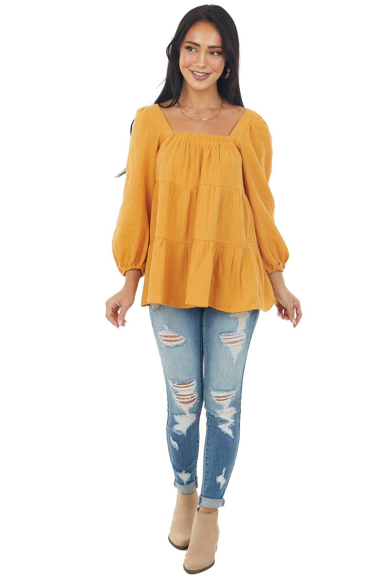 Honey Square Neck Tiered Gauze Blouse