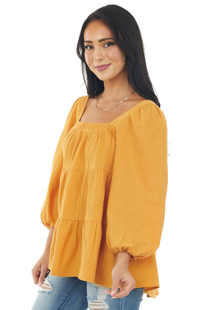 Honey Square Neck Tiered Gauze Blouse