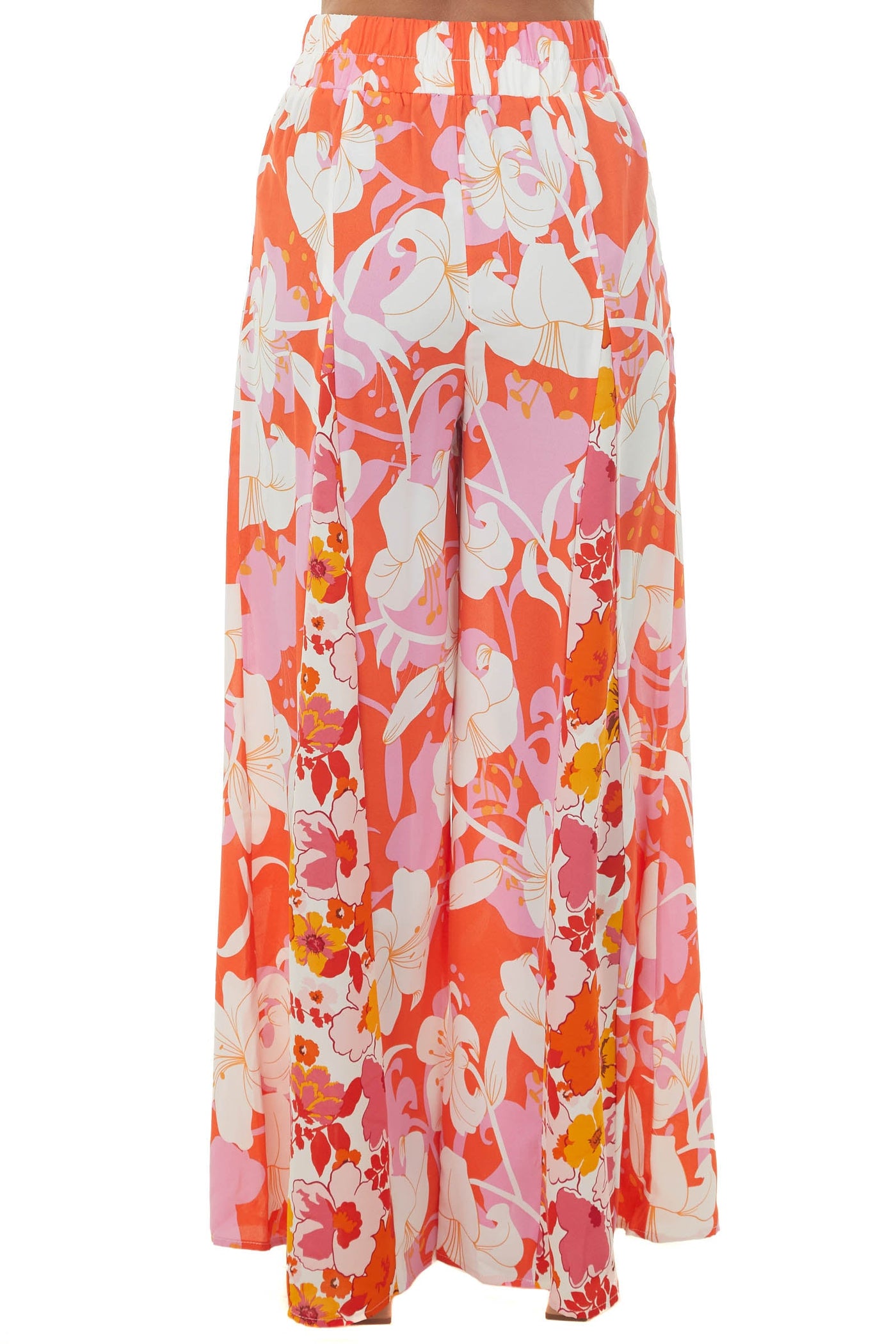 Hot Coral Floral Elastic Waist Wide Leg Pants