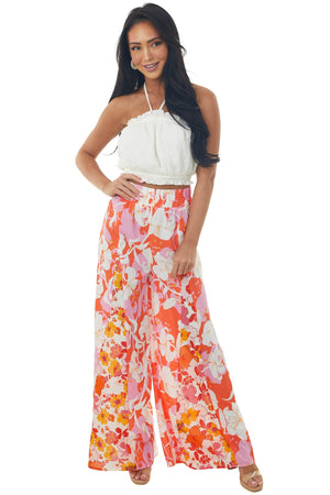 Hot Coral Floral Elastic Waist Wide Leg Pants