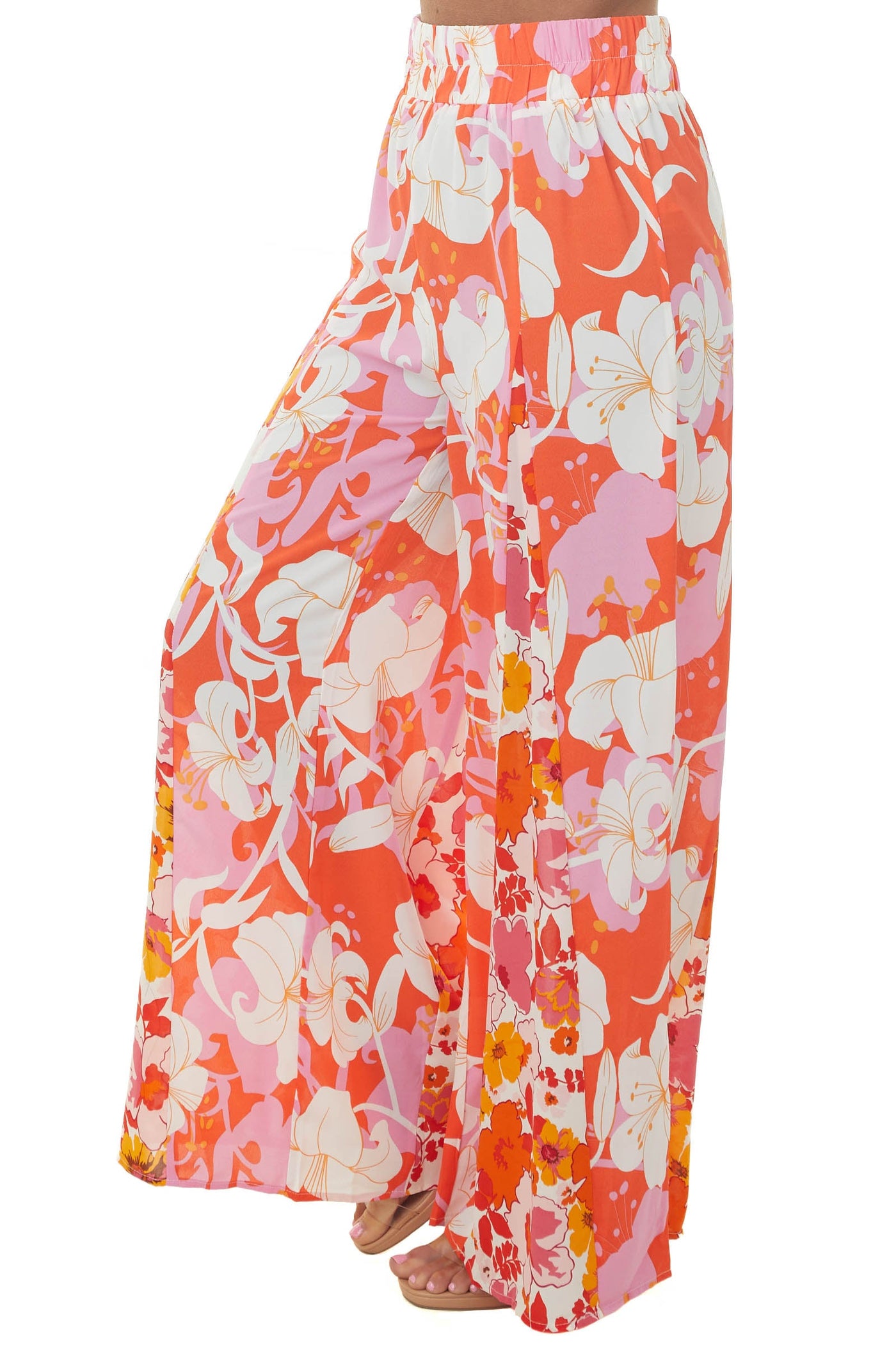 Hot Coral Floral Elastic Waist Wide Leg Pants