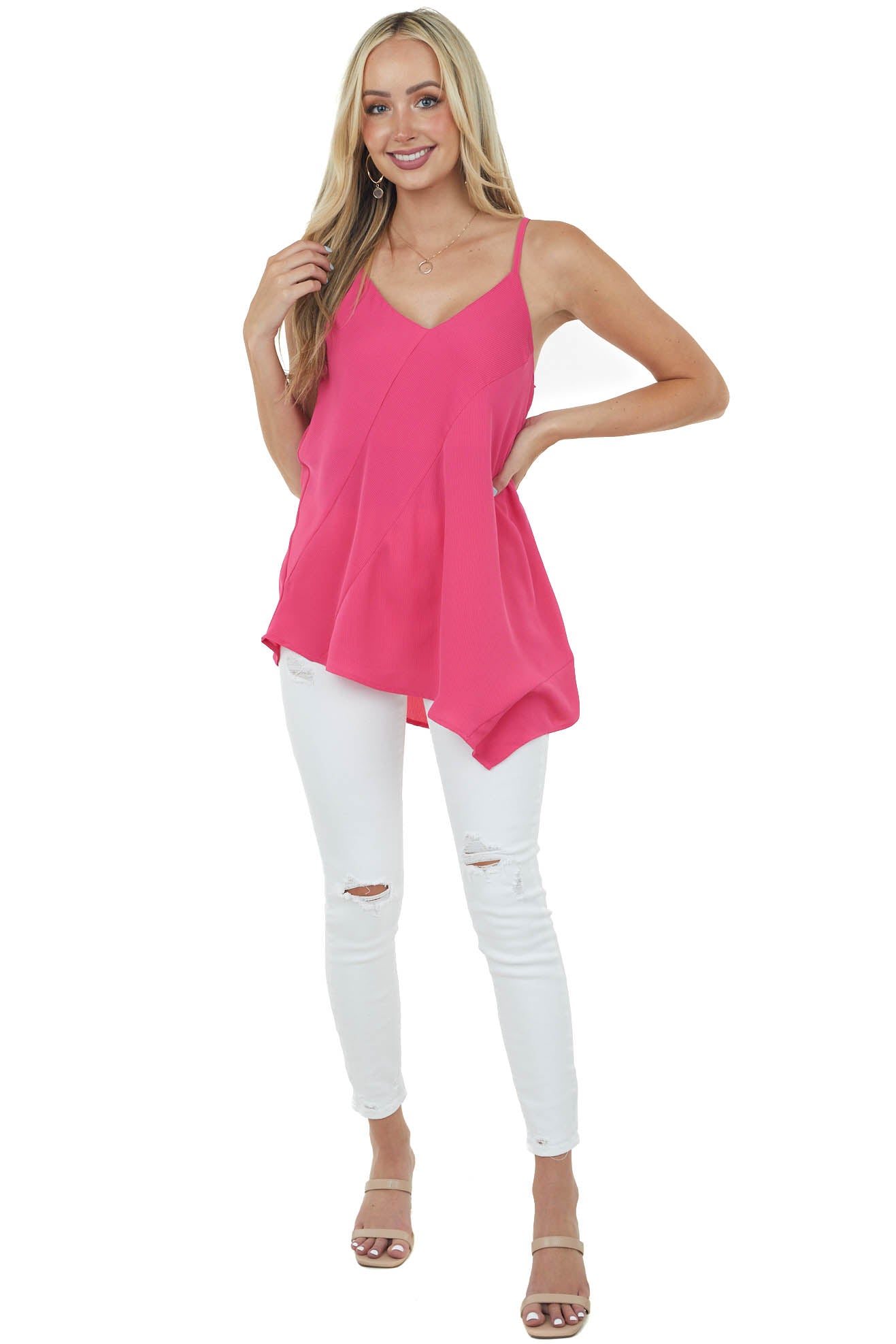 Hot Pink Asymmetrical Hem Ribbed Cami Blouse
