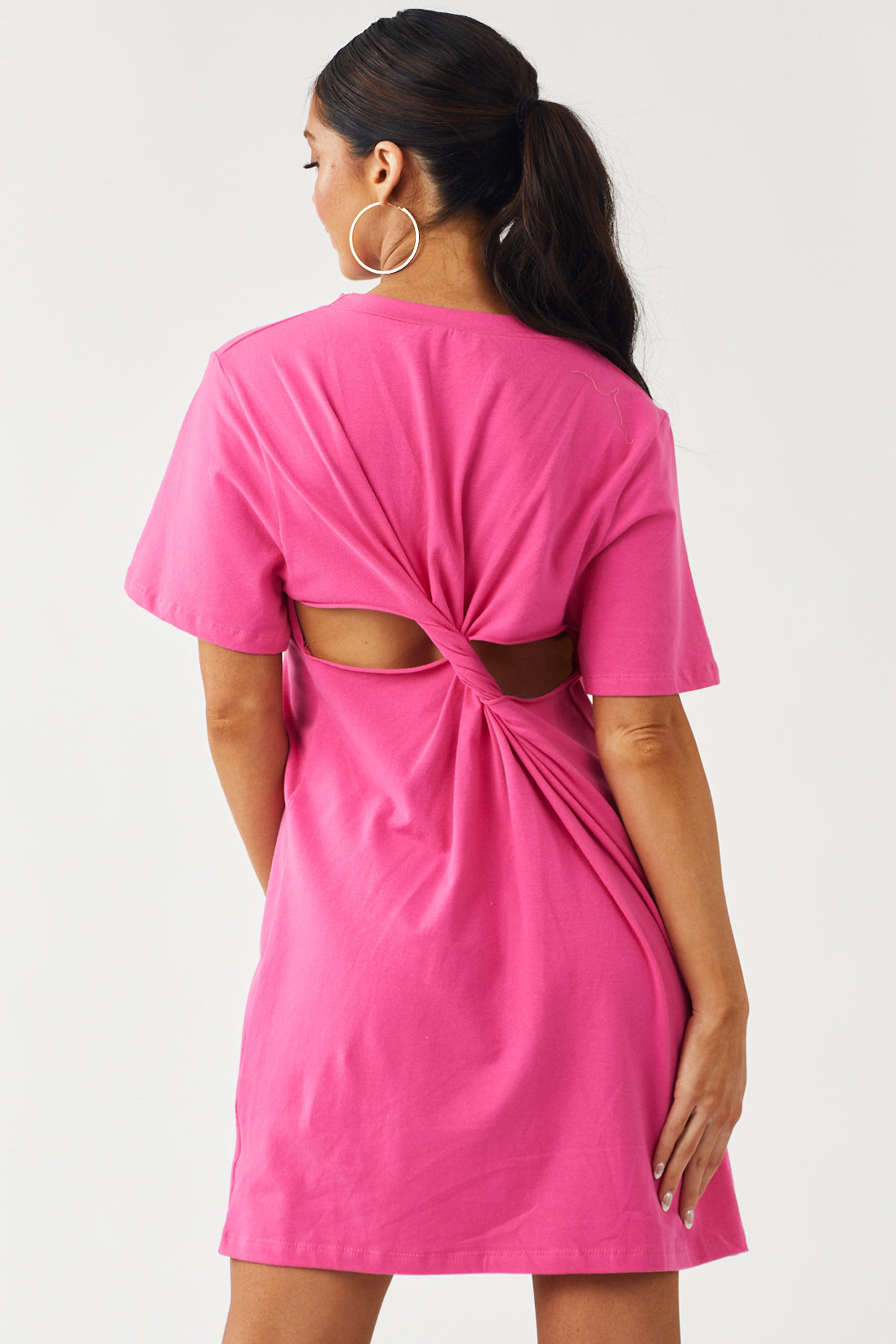 Hot Pink Back Twist Cut Out Tee Shirt Dress