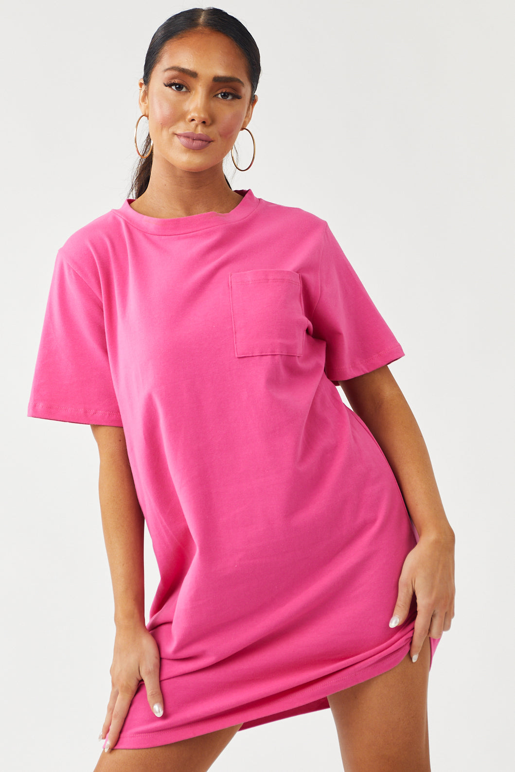 Hot Pink Back Twist Cut Out Tee Shirt Dress