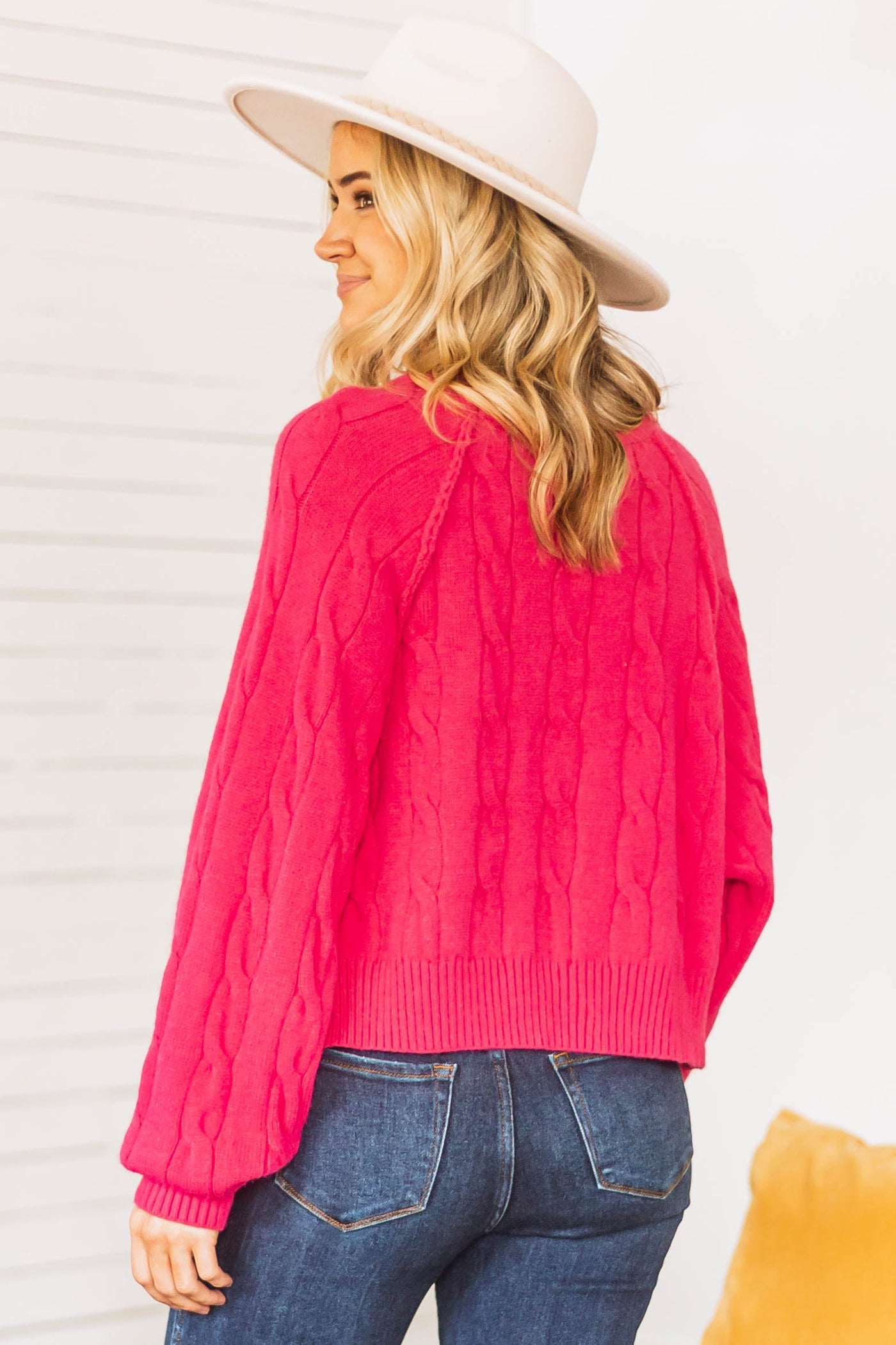 Hot Pink Cable Knit Oversized Exposed Seam Sweater