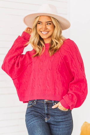Hot Pink Cable Knit Oversized Exposed Seam Sweater