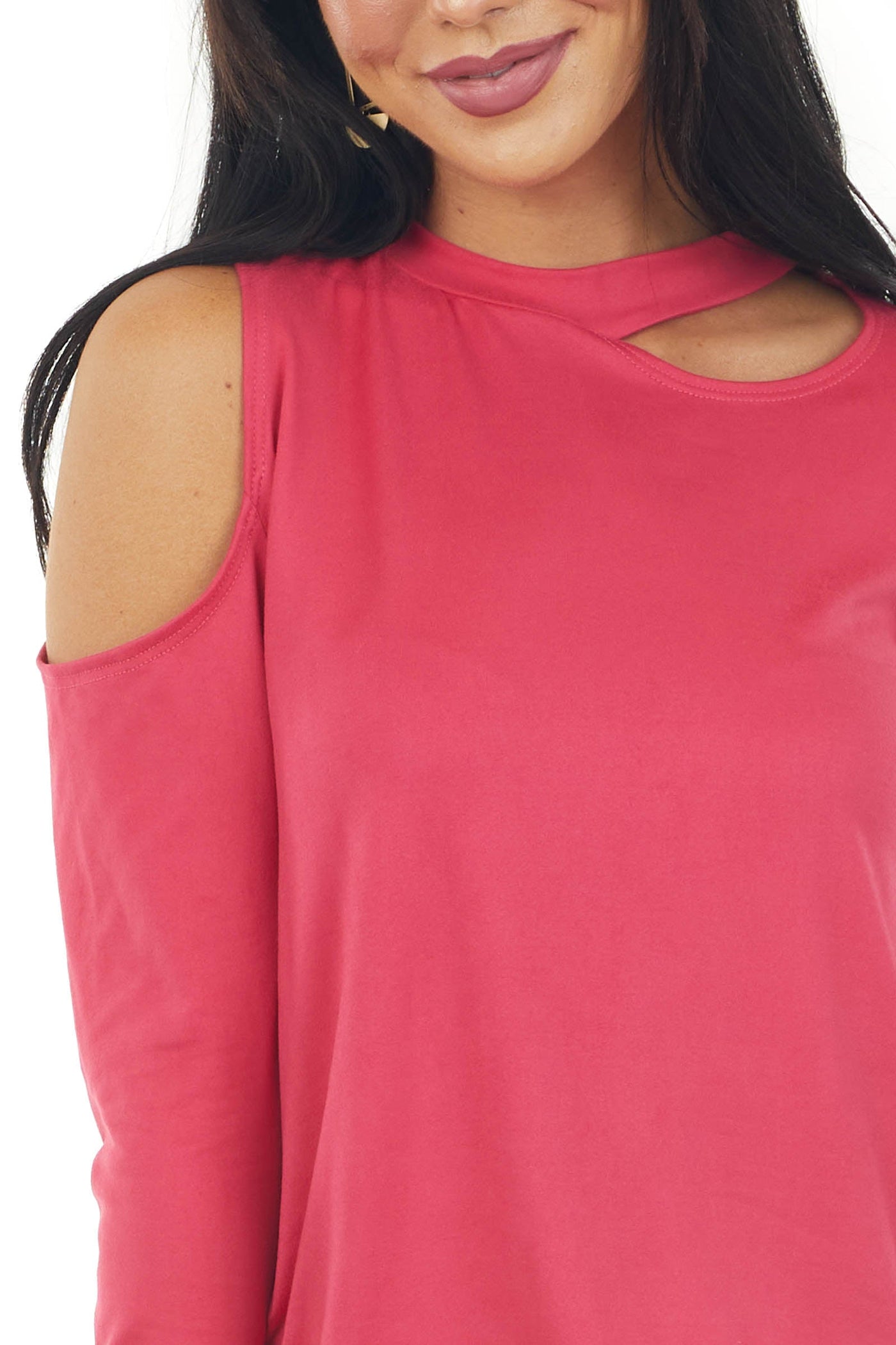 Hot Pink Cold Shoulder Long Sleeve Knit Cut Out Top