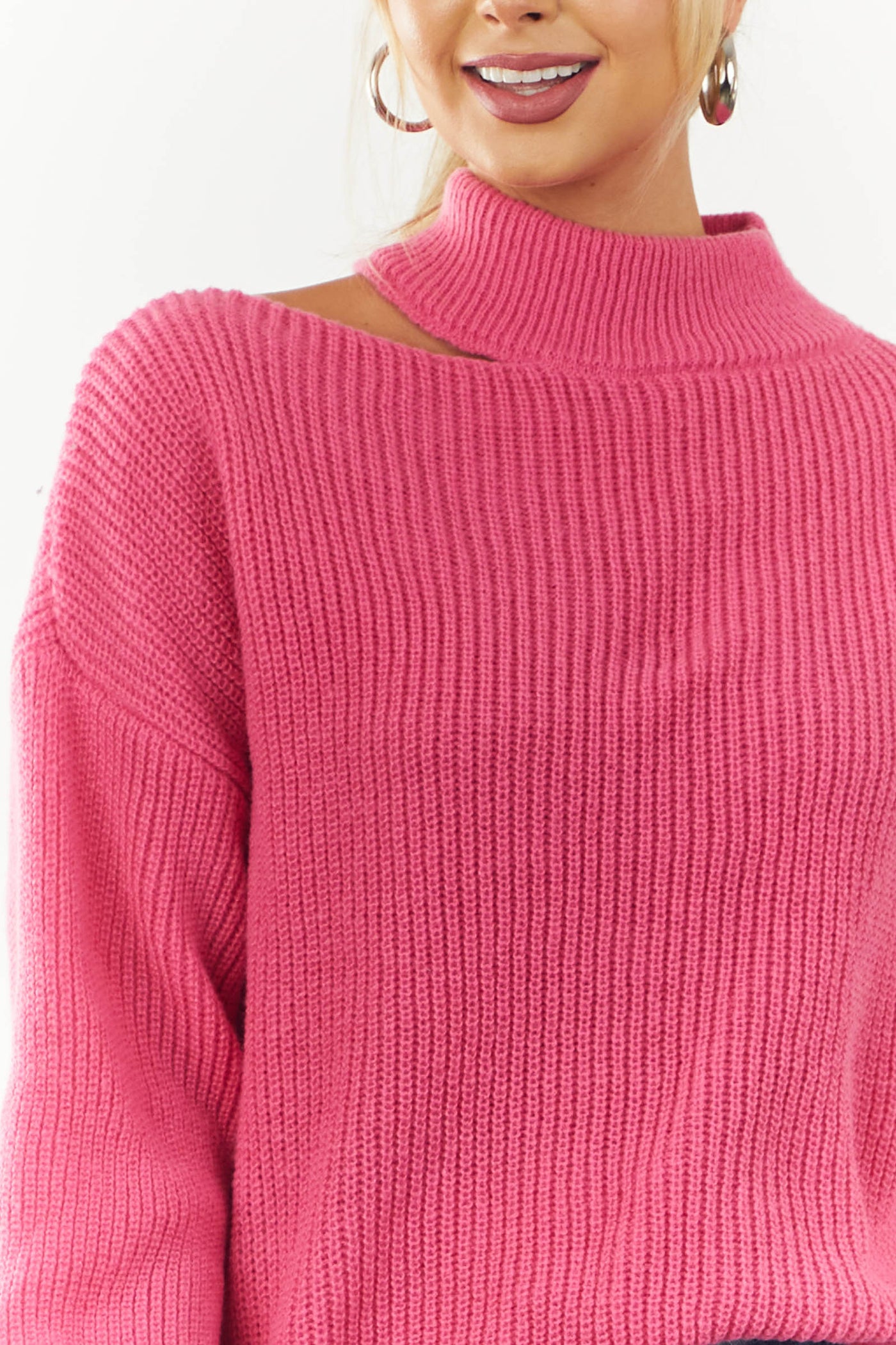Hot Pink Cold Shoulder Mock Neck Chunky Sweater