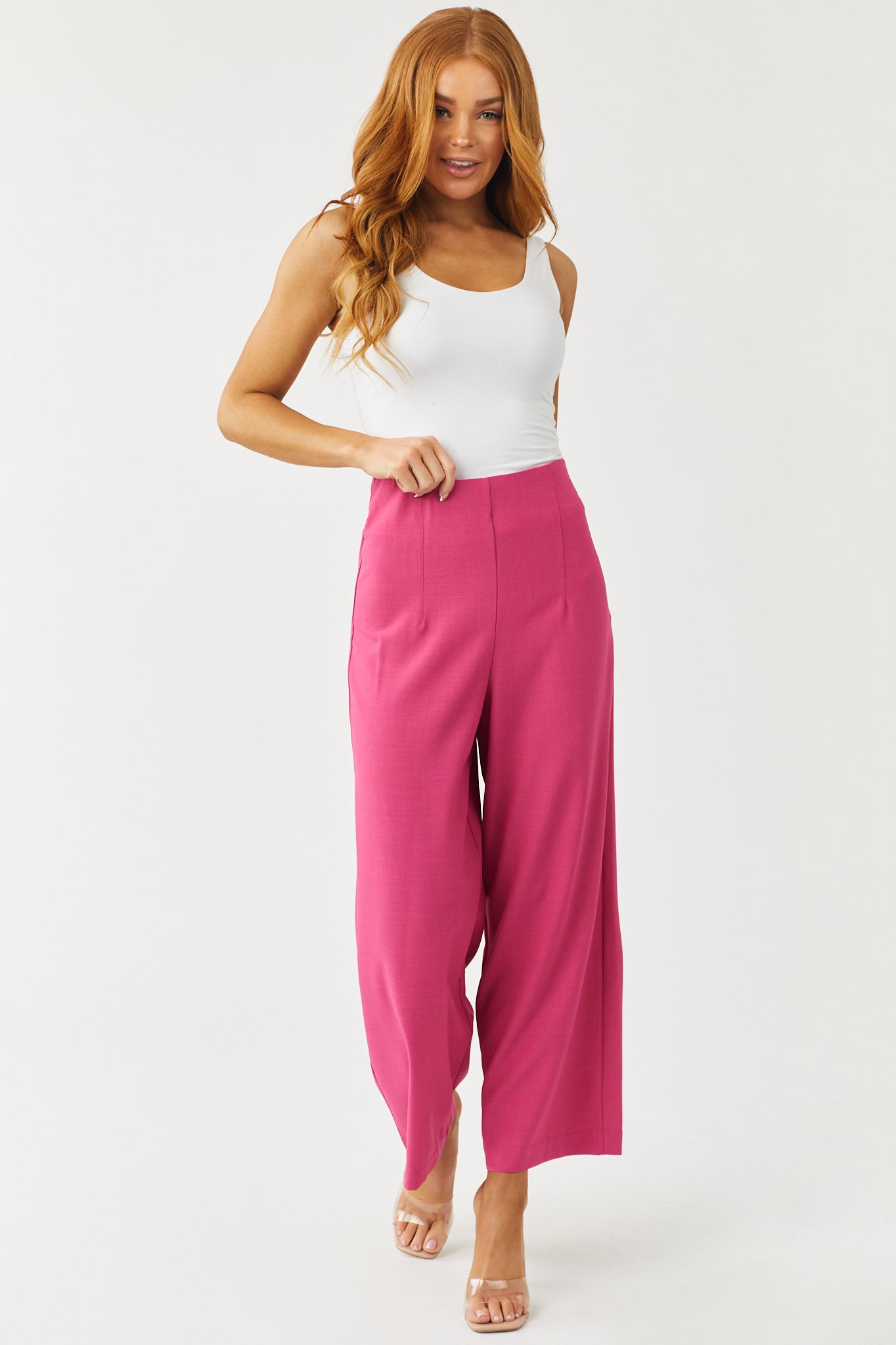 Hot Pink Elastic Waist Wide Leg Cropped Pants