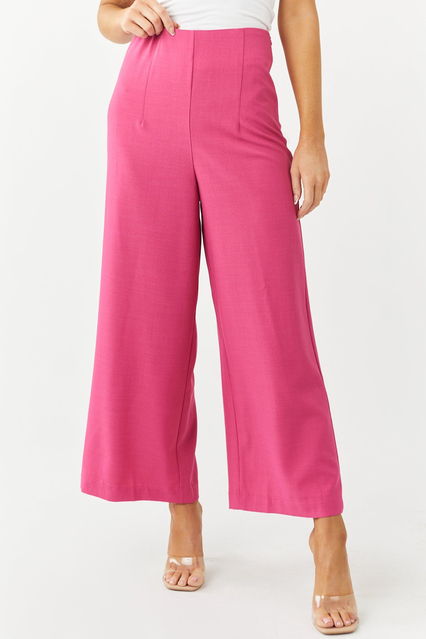 Hot Pink Elastic Waist Wide Leg Cropped Pants