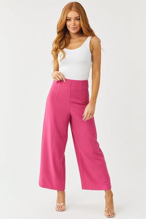 Hot Pink Elastic Waist Wide Leg Cropped Pants