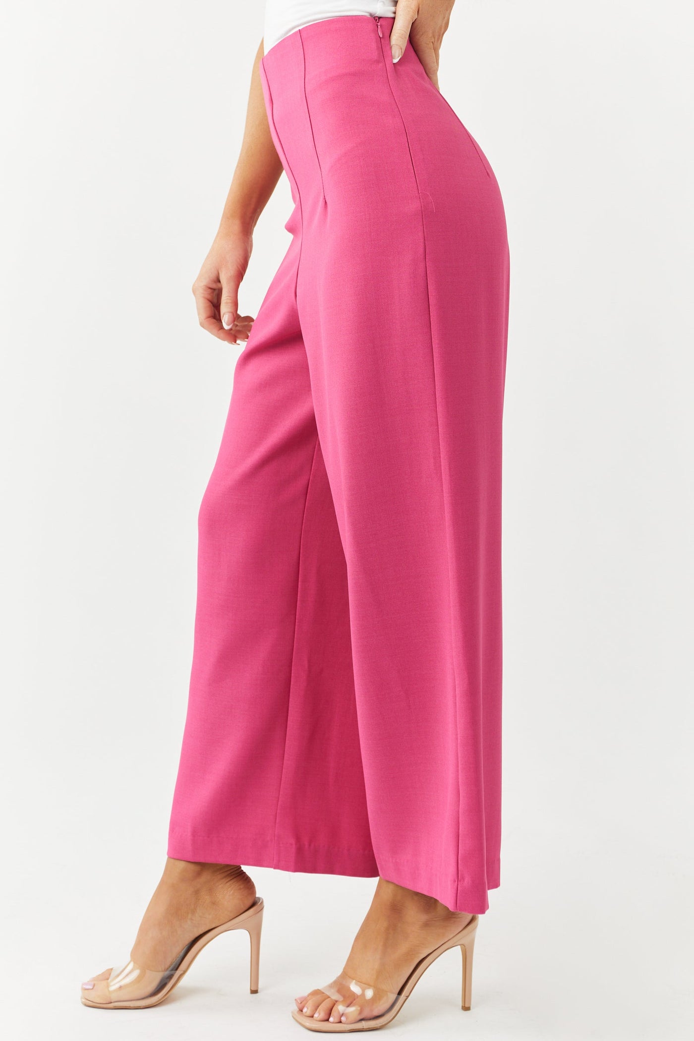 Hot Pink Elastic Waist Wide Leg Cropped Pants