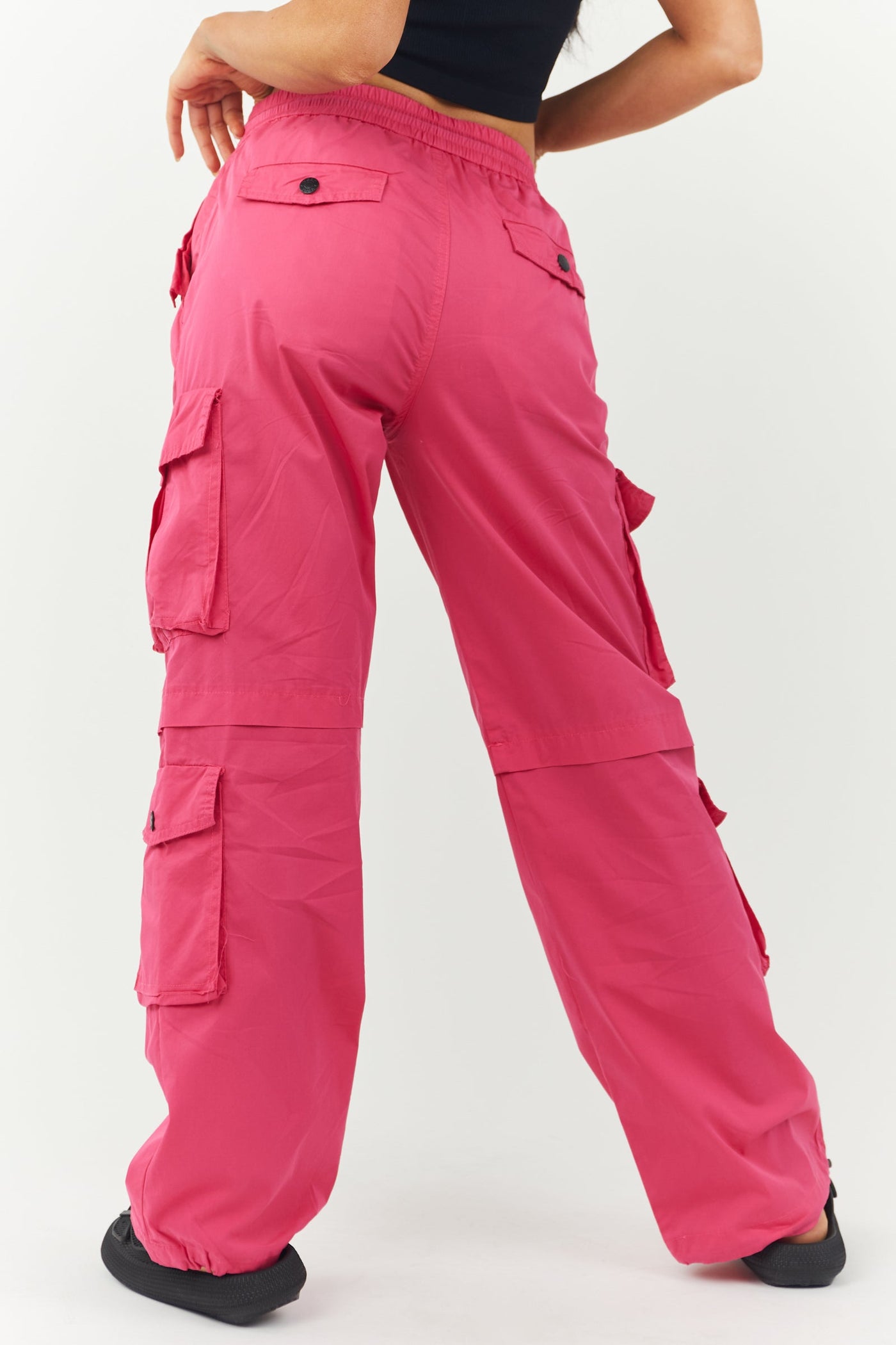 Hot Pink Elastic Waistline Woven Cargo Pants