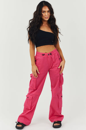Hot Pink Elastic Waistline Woven Cargo Pants