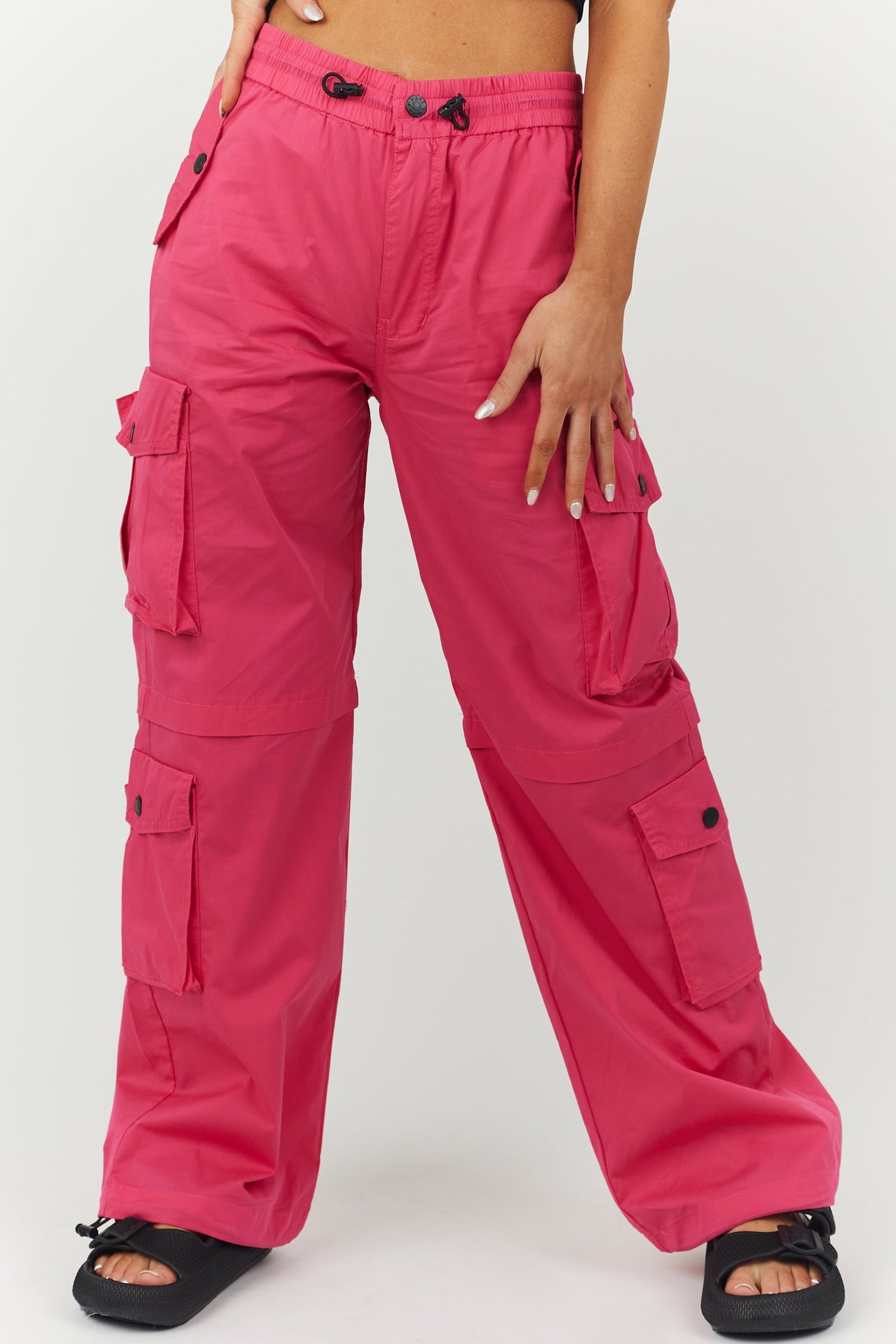 Hot Pink Elastic Waistline Woven Cargo Pants