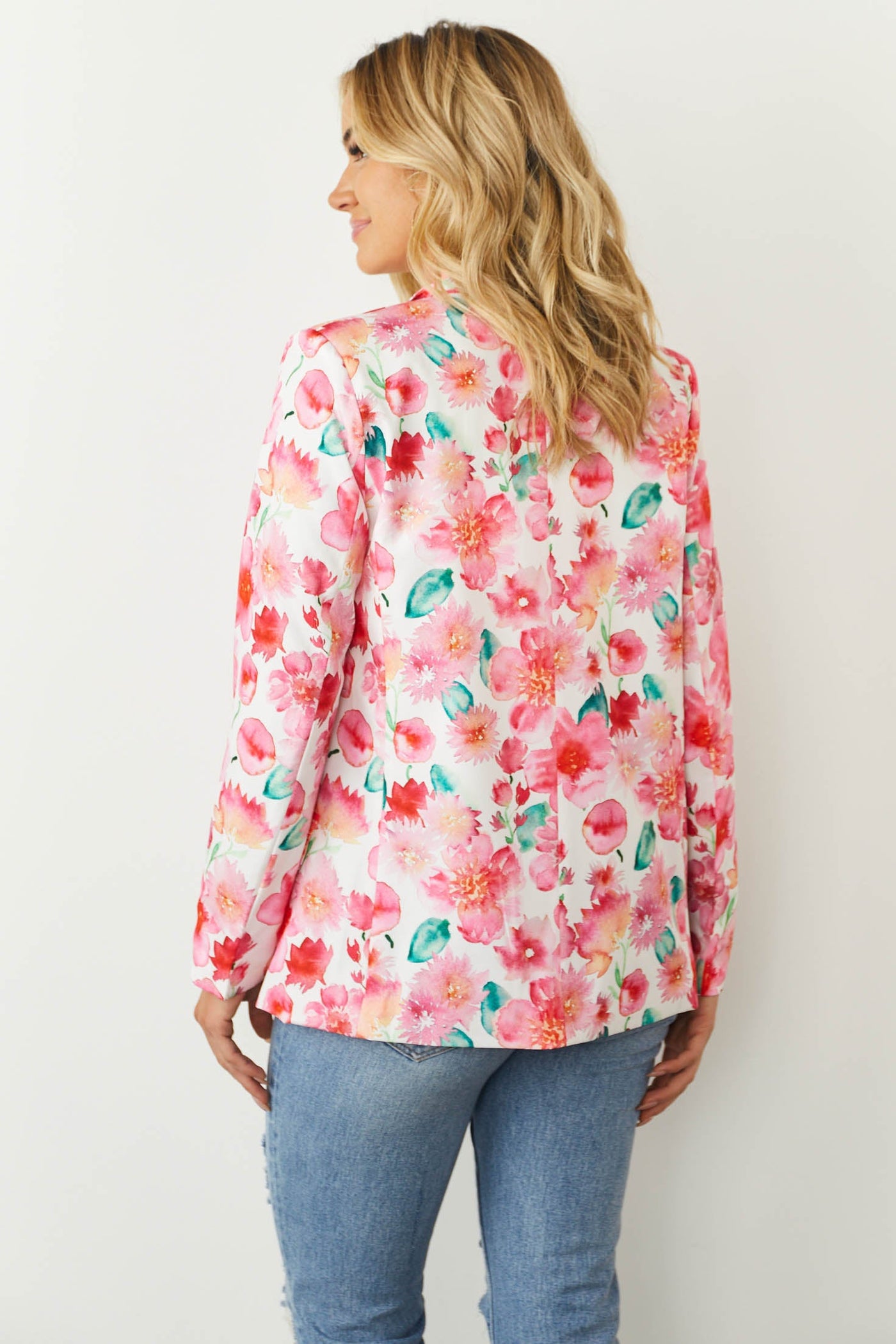 Hot Pink Floral Open Front Blazer with Pockets