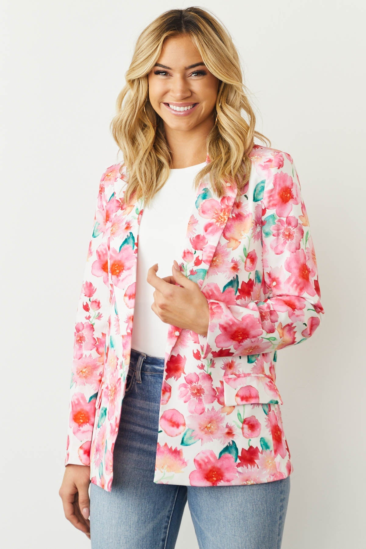 Hot Pink Floral Open Front Blazer with Pockets