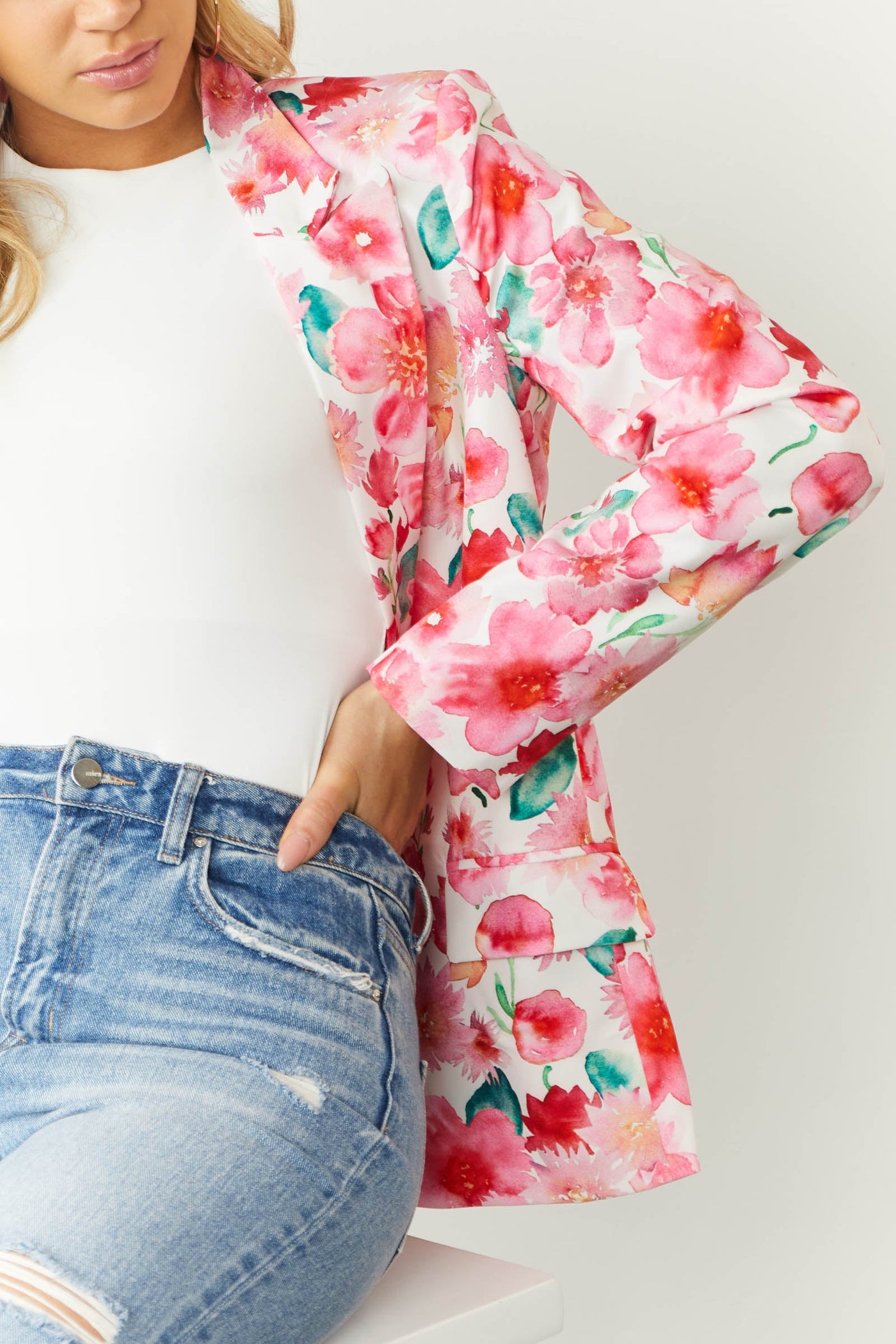 Hot Pink Floral Open Front Blazer with Pockets