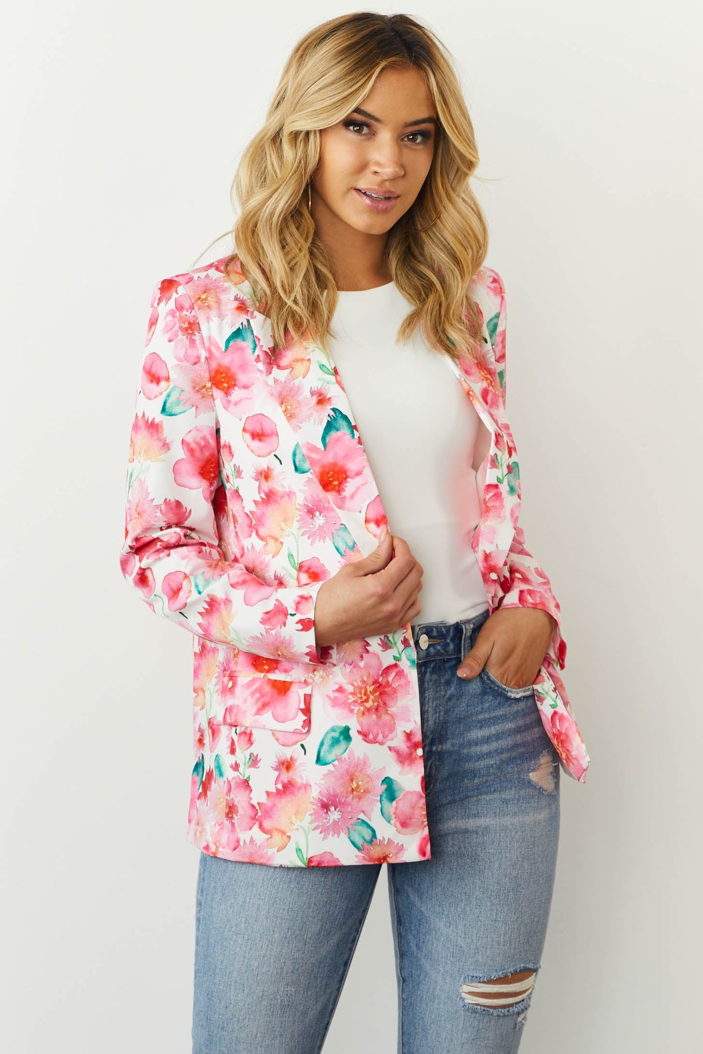 Hot Pink Floral Open Front Blazer with Pockets