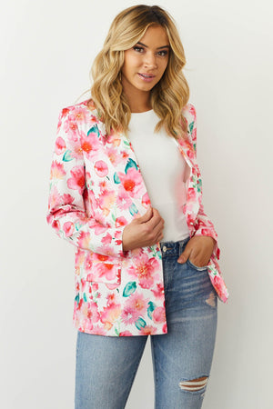 Hot Pink Floral Open Front Blazer with Pockets