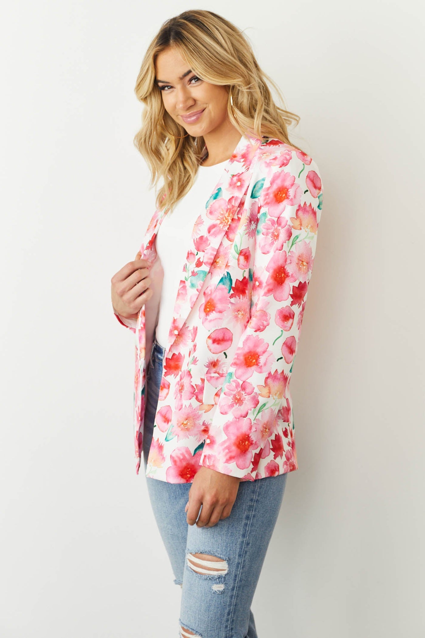 Hot Pink Floral Open Front Blazer with Pockets