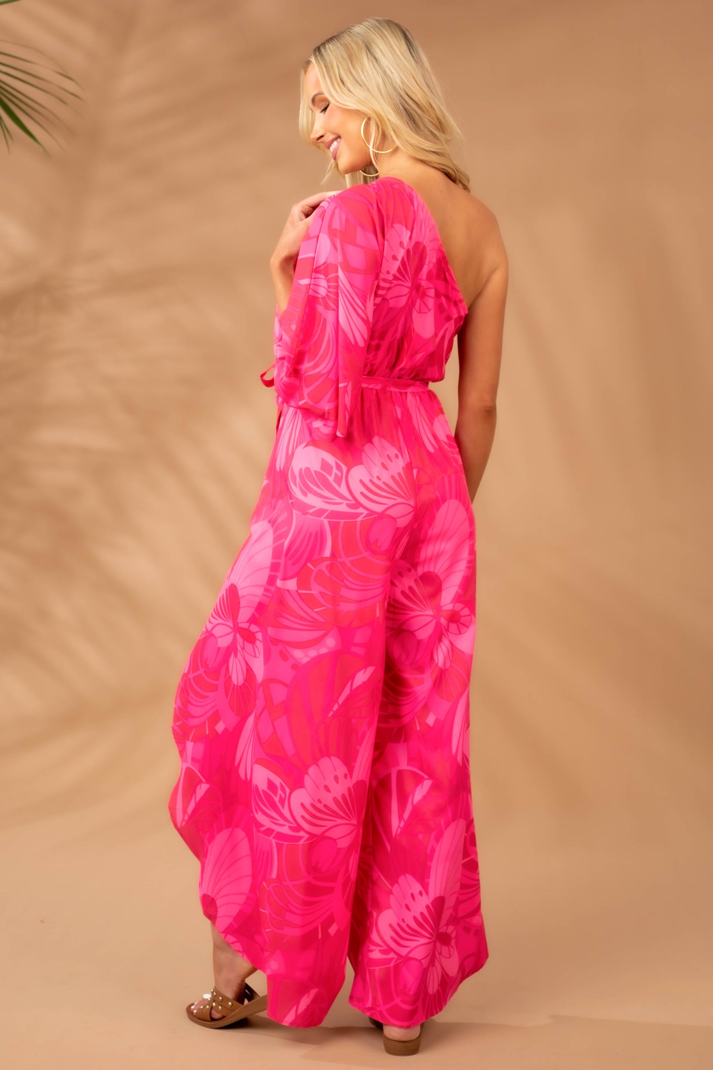 Hot Pink Floral Print One Shoulder Woven Jumpsuit