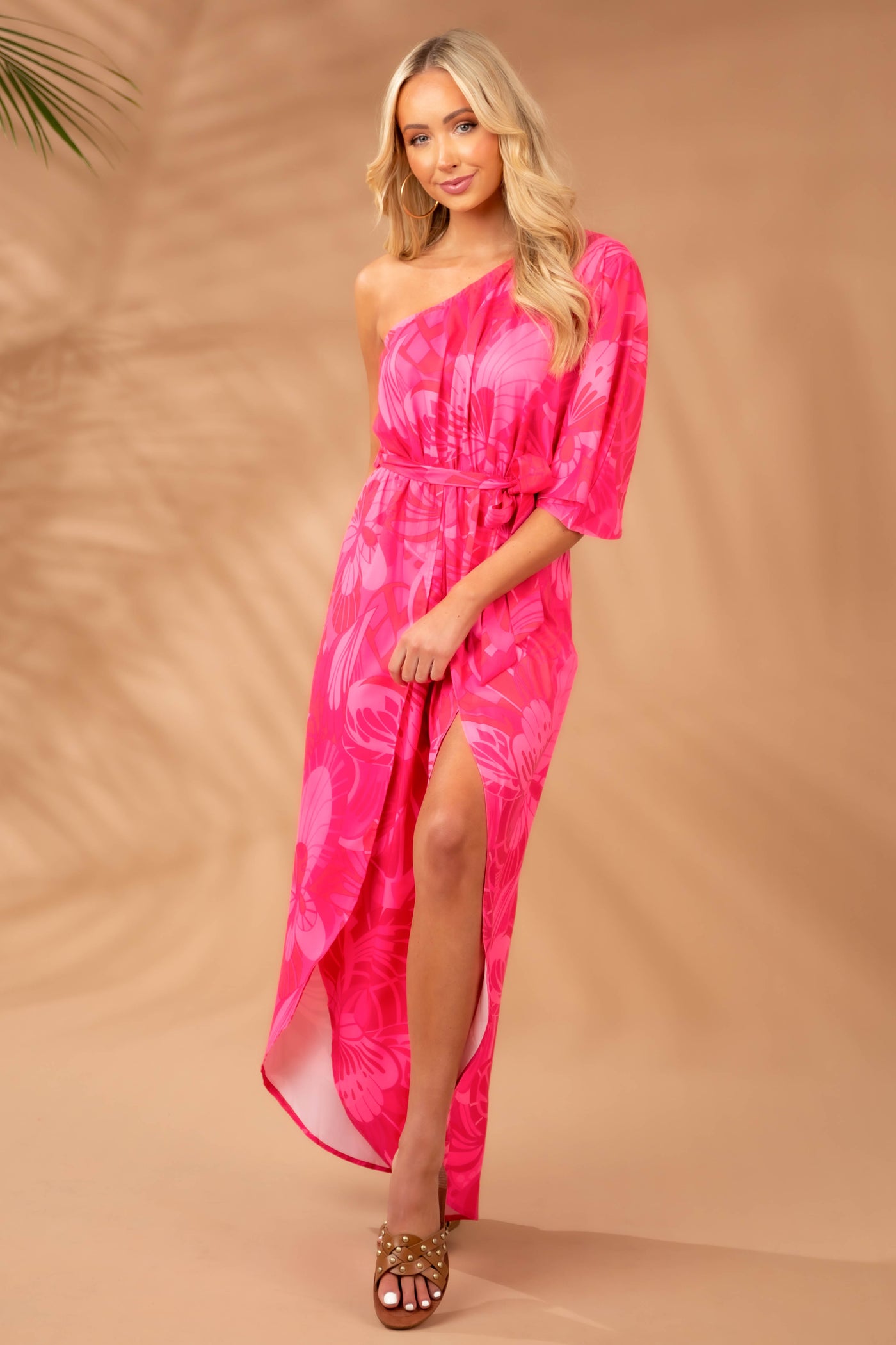 Hot Pink Floral Print One Shoulder Woven Jumpsuit