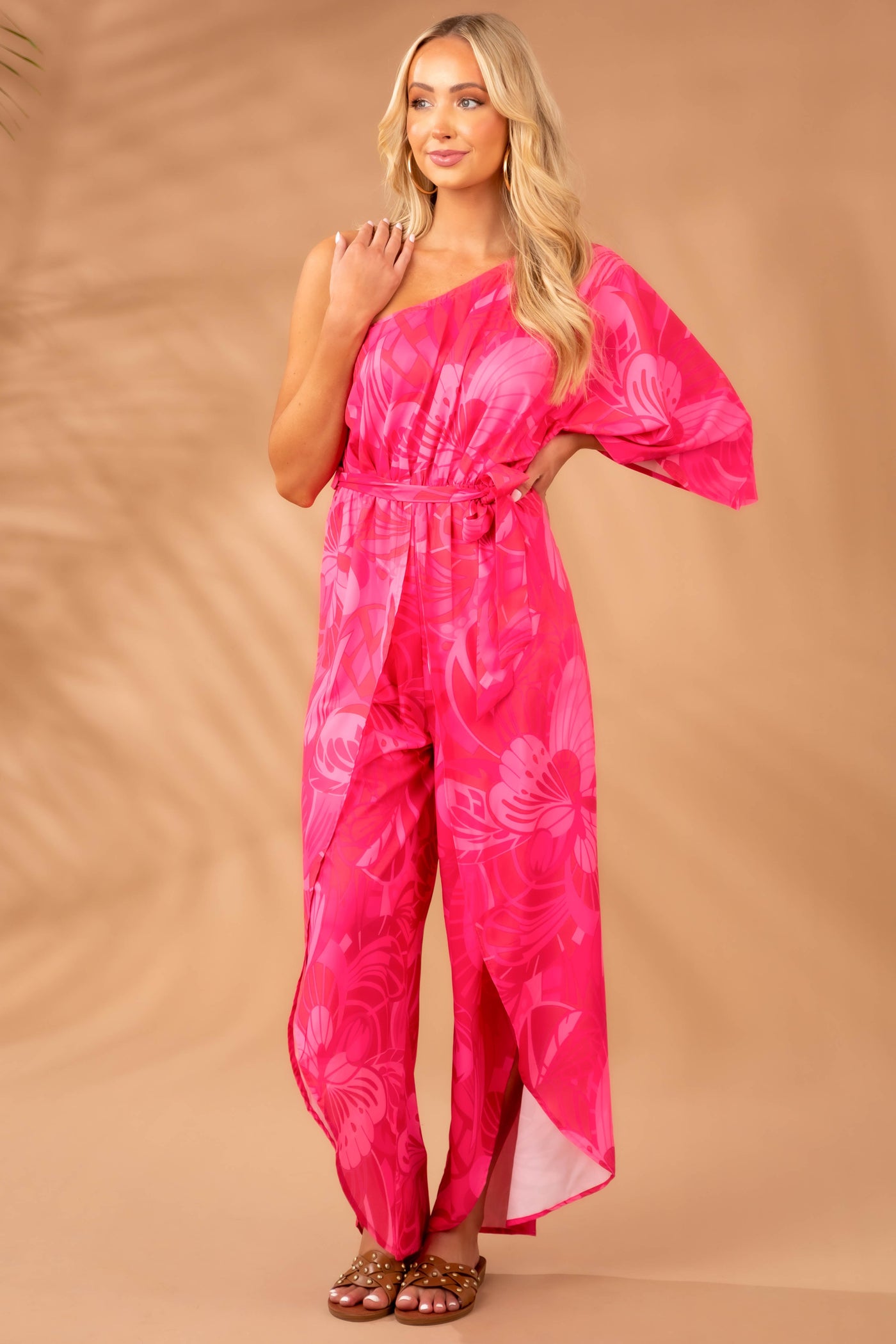 Hot Pink Floral Print One Shoulder Woven Jumpsuit