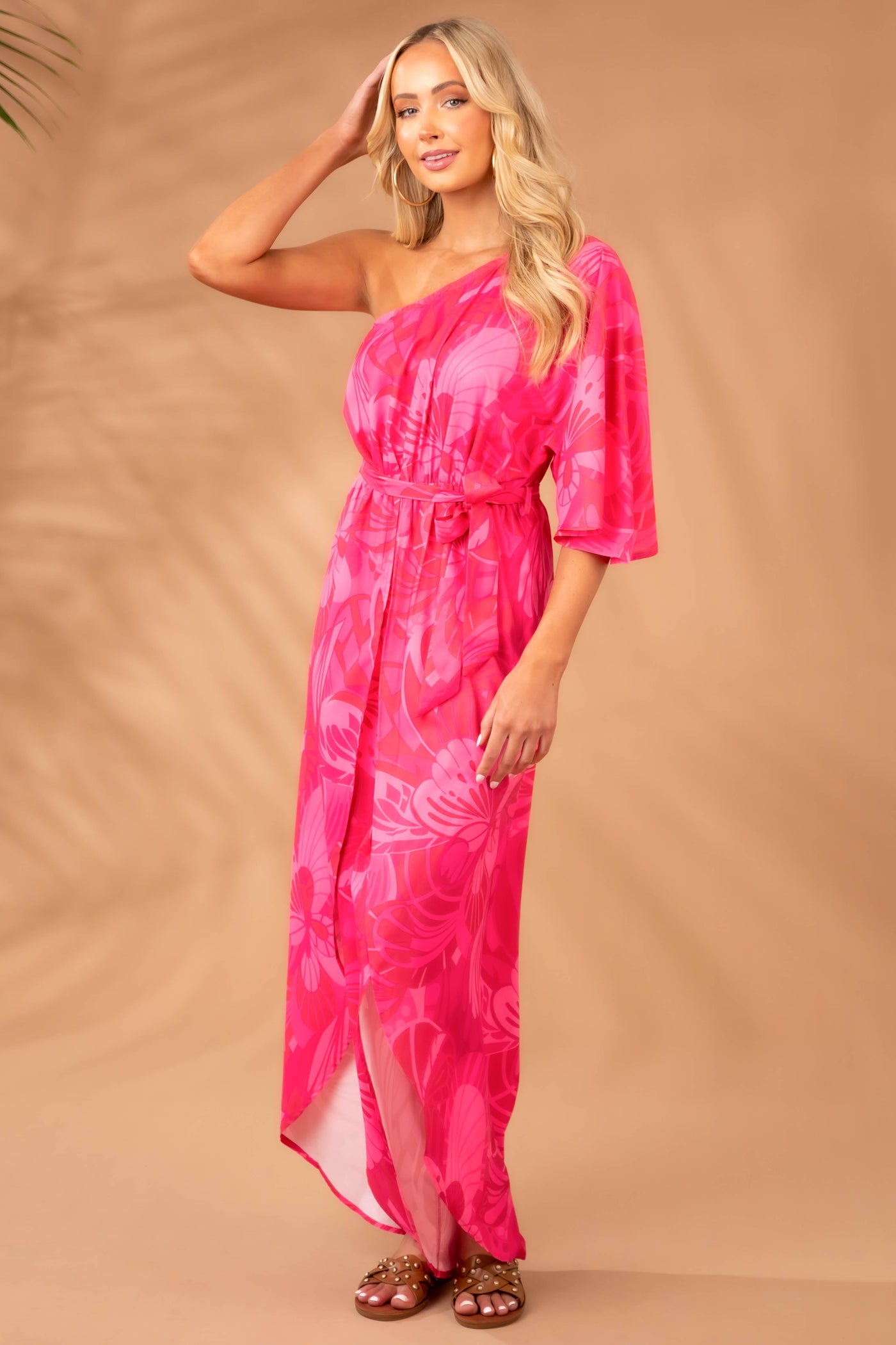 Hot Pink Floral Print One Shoulder Woven Jumpsuit