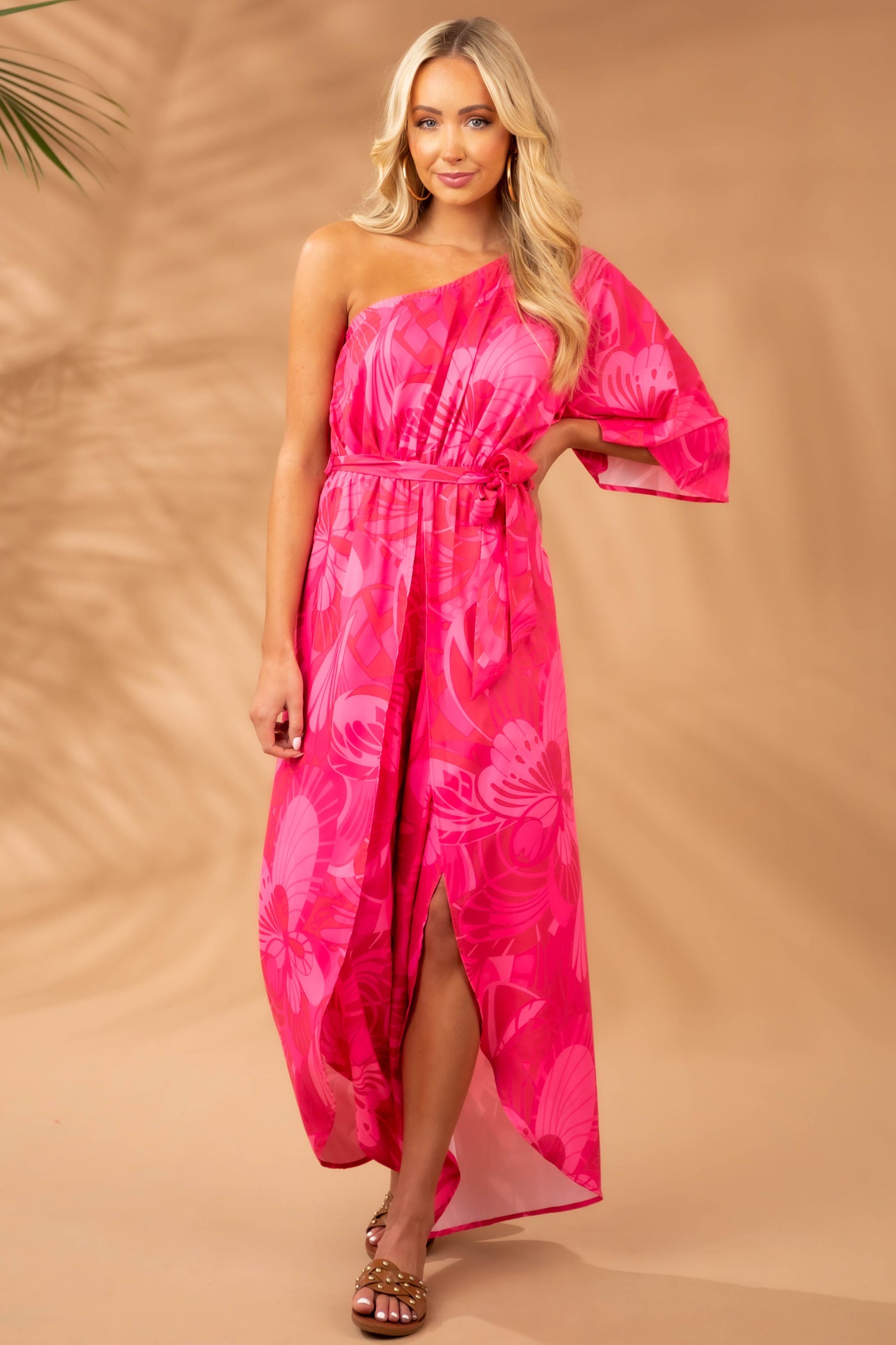 Hot Pink Floral Print One Shoulder Woven Jumpsuit